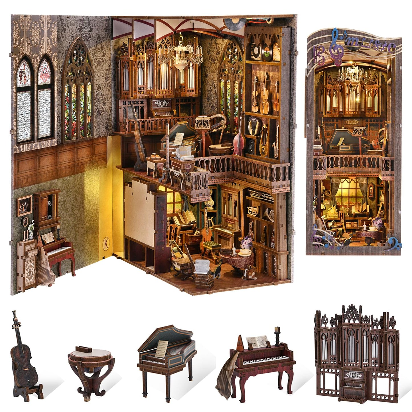 fifijoy Book Nook Kit - Timeless Melody DIY Miniature House Kit, 3D Wooden Puzzle Bookend Bookshelf with LED Light for Adults (Timeless Melody)