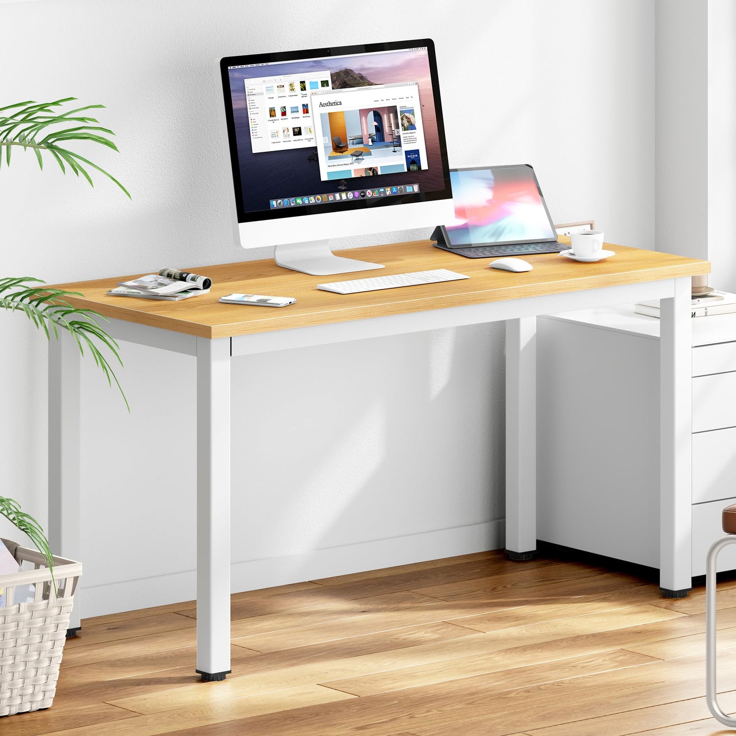 DlandHome 47 inches Medium Computer Desk, Composite Wood Board, Decent and Steady Home Office Desk/Workstation/Table, BS1-120TW Teak and White Legs, 1 Pack