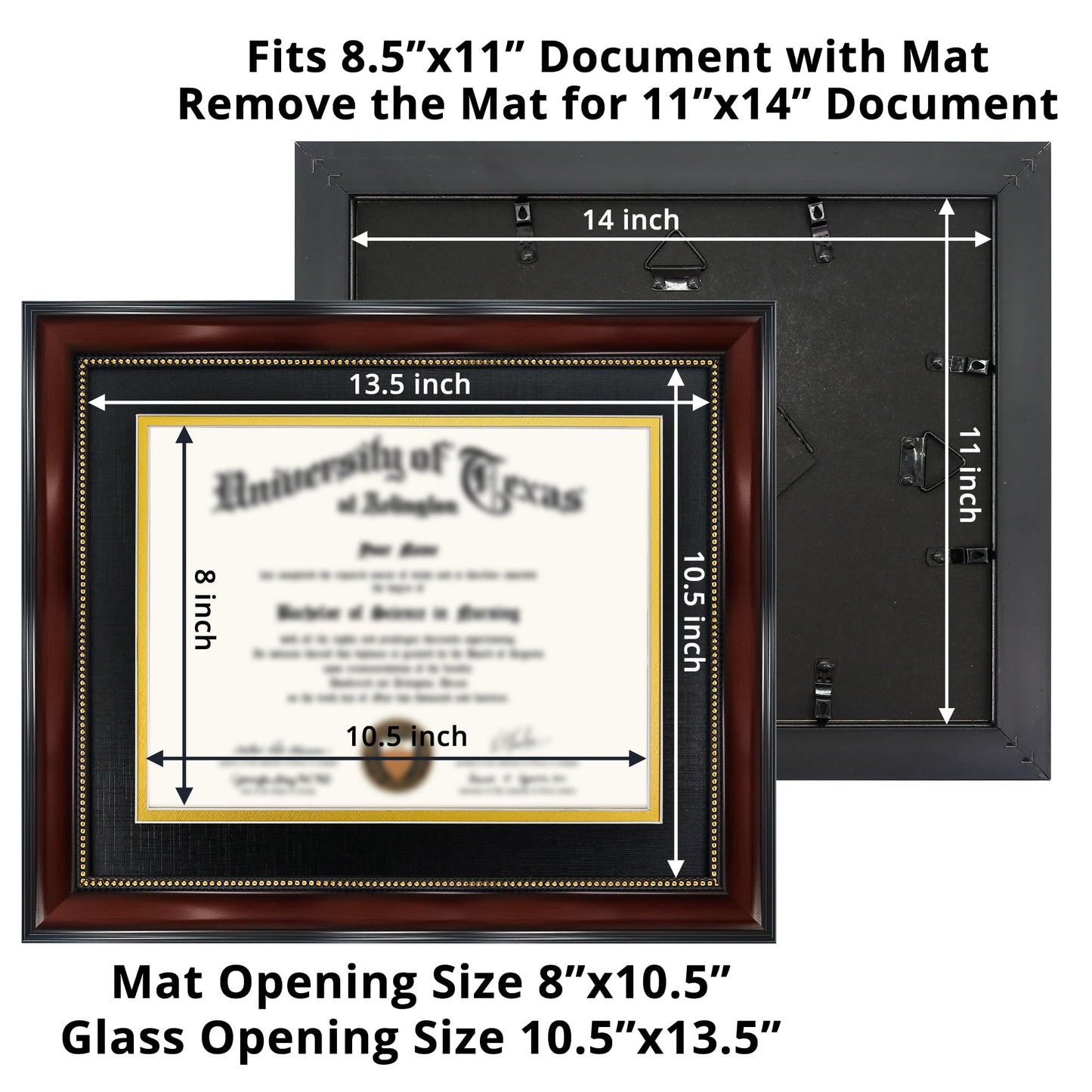 GraduationMall 8.5x11 Diploma Frame with Black over Gold Mat or Display 11x14 Document without Mat, UV Protection Acrylic, Mahogany with Gold Beads