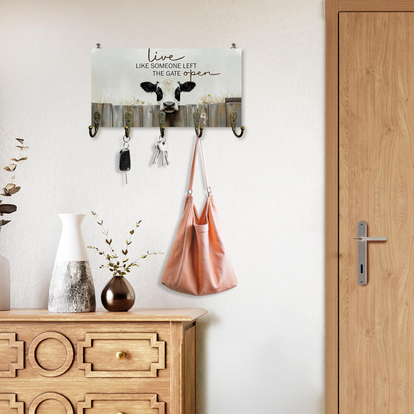 Beliran Cow Gifts Key Holder for Wall 10"x5.12", Cow Decor Key Hanger Wall Mount, Live Like Someone Left The Gate Open Rustic Farmhouse Cows Wooden Hanging Keys Holder Decor for Entryway