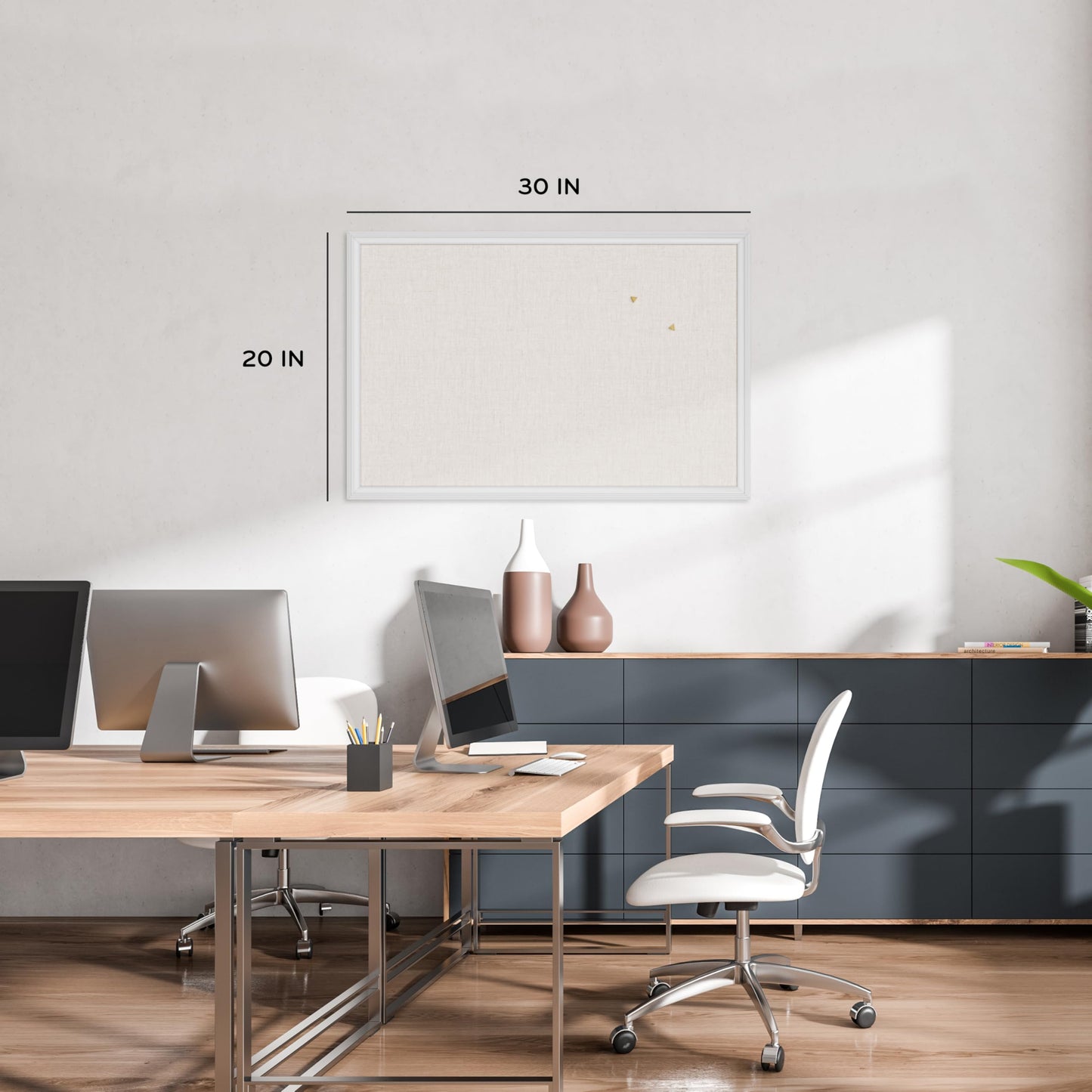 U Brands Farmhouse Linen Bulletin Board, 30" x 20", White Wood Frame, Wall Mounted Pin Board for Home Office, Classroom & Kitchen, Includes Push Pins