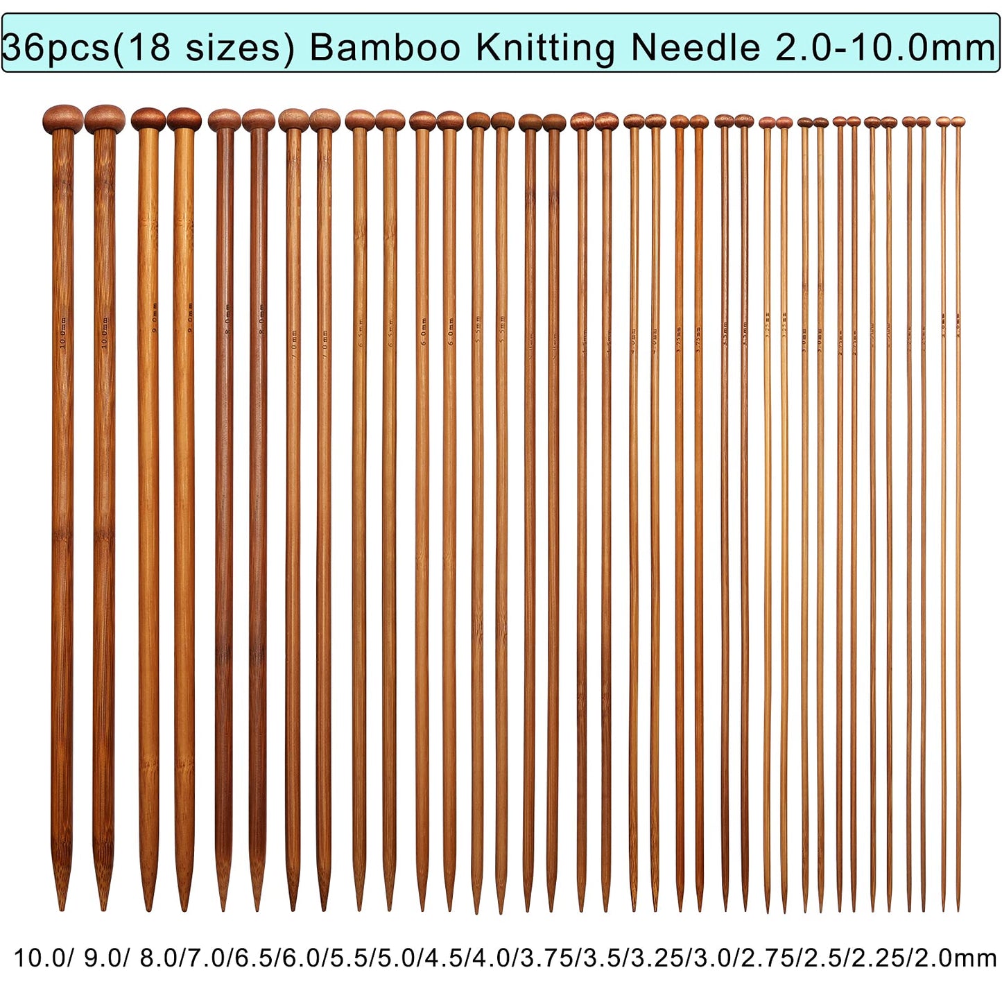 LOOEN Bamboo Knitting Needles Kit 36 Pcs Single Pointed Bamboo Knitting Needles 2.0 mm-10.0 mm + Weaving Tools Knitting Kits (Grey)