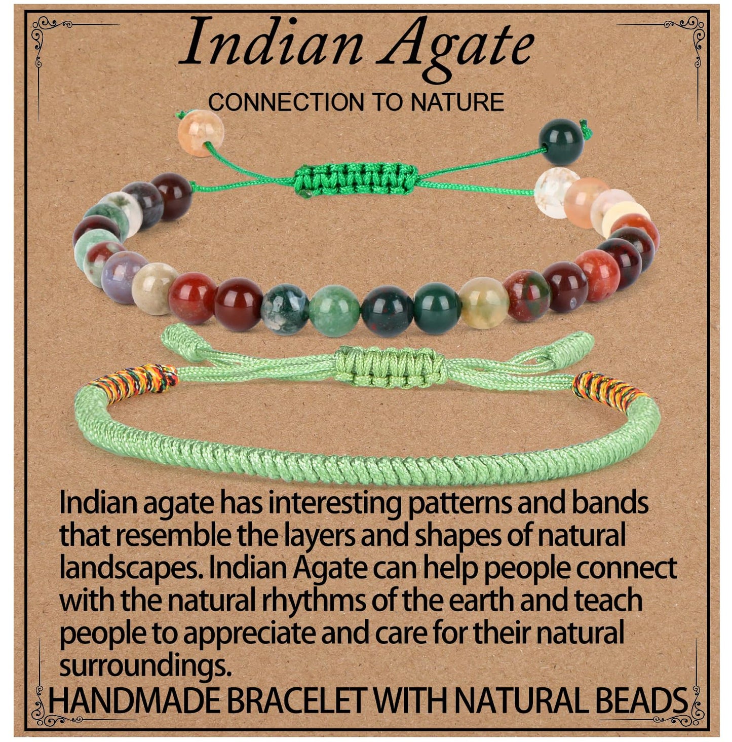 LPBeads 6mm Indian Agate Bracelet with Handmade Rope Bracelet Size Adjustable Natural Stone Crystal Healing Bracelets Gifts for Unisex Adults