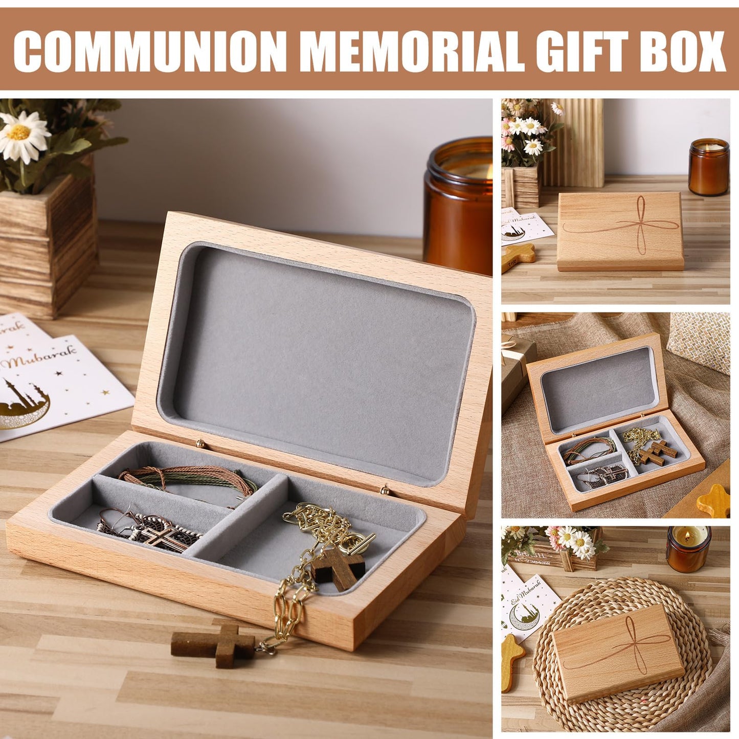 GlikCeil First Communion Keepsake Box, Engraved Wooden Rosary Box with Felt Lining, Catholic 1st First Holy Communion Gift, Ideal for Rosary Storage, Jewelry, and Religious Mementos Organizer