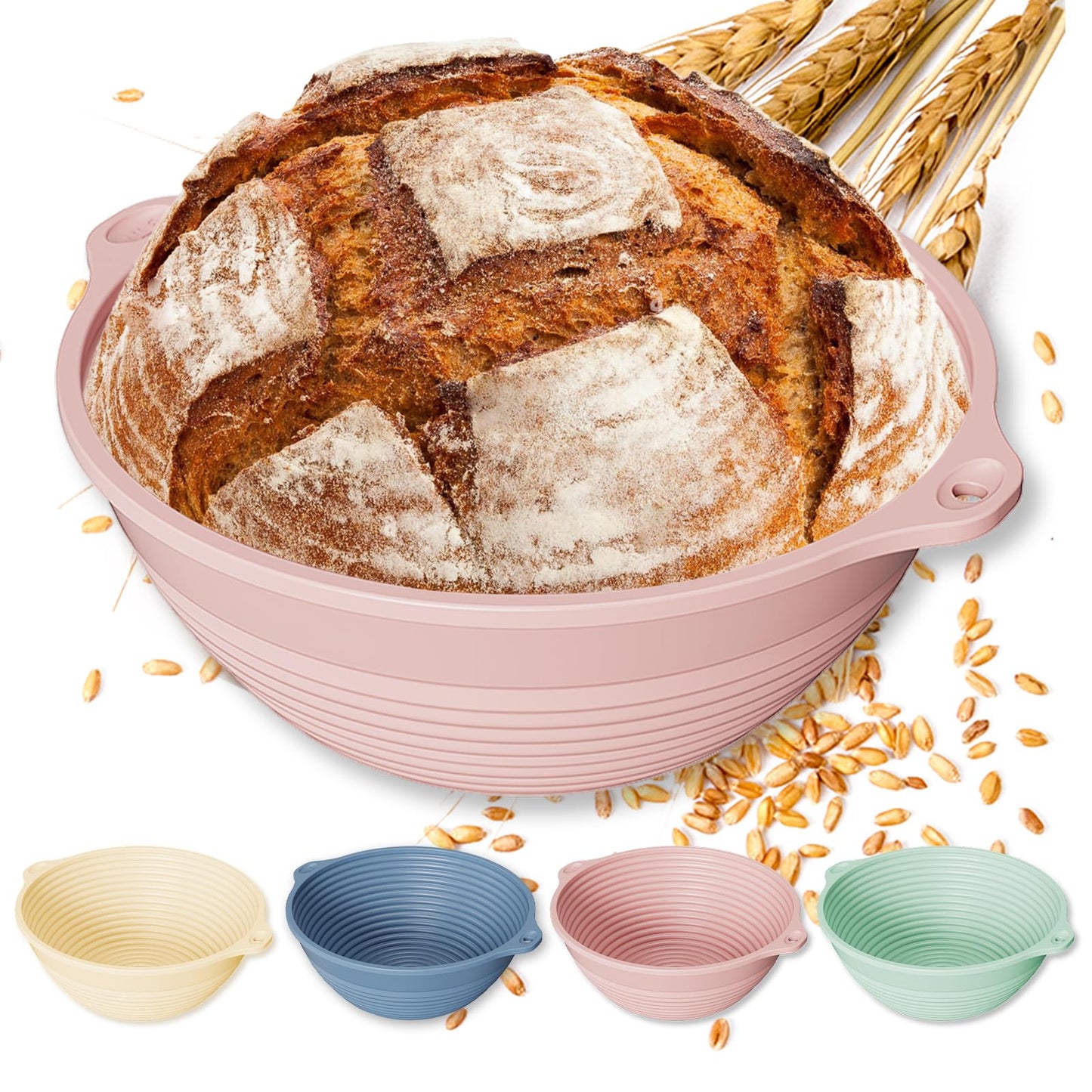 4-Pack Silicone Banneton Bread Proofing Baskets for Sourdough, 9 Inch Round Proofing Bowls with Handles, Built-In Reinforced Rim Support, Foldable, Oven & Dishwasher Safe, BPA Free