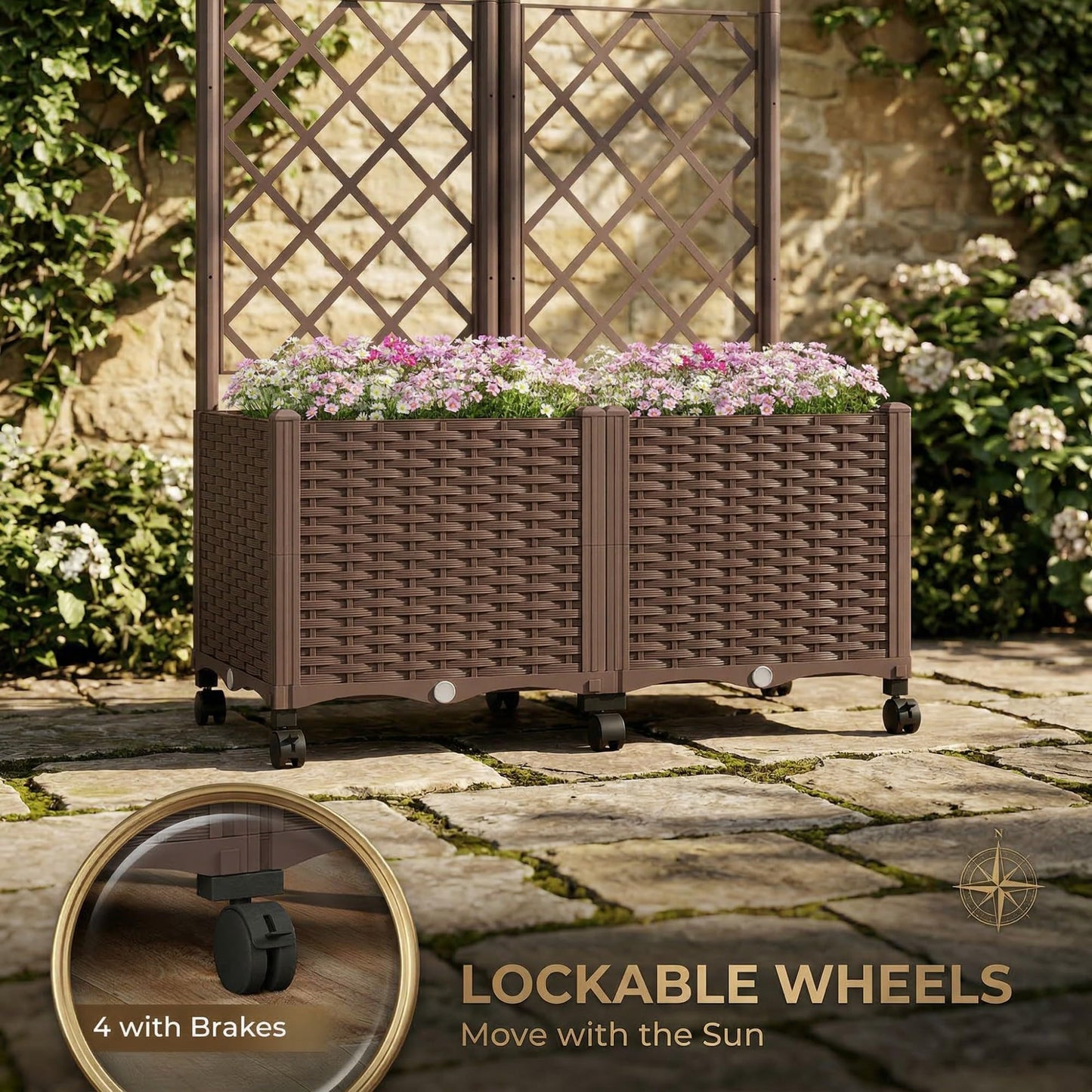 Outsunny Planter Box with Trellis, Self Watering Raised Garden Bed with Lockable Wheels, Privacy Trellis Planter with Drainage Holes for Climbing Plants, Vegetables, Flowers, 56.3", Brown