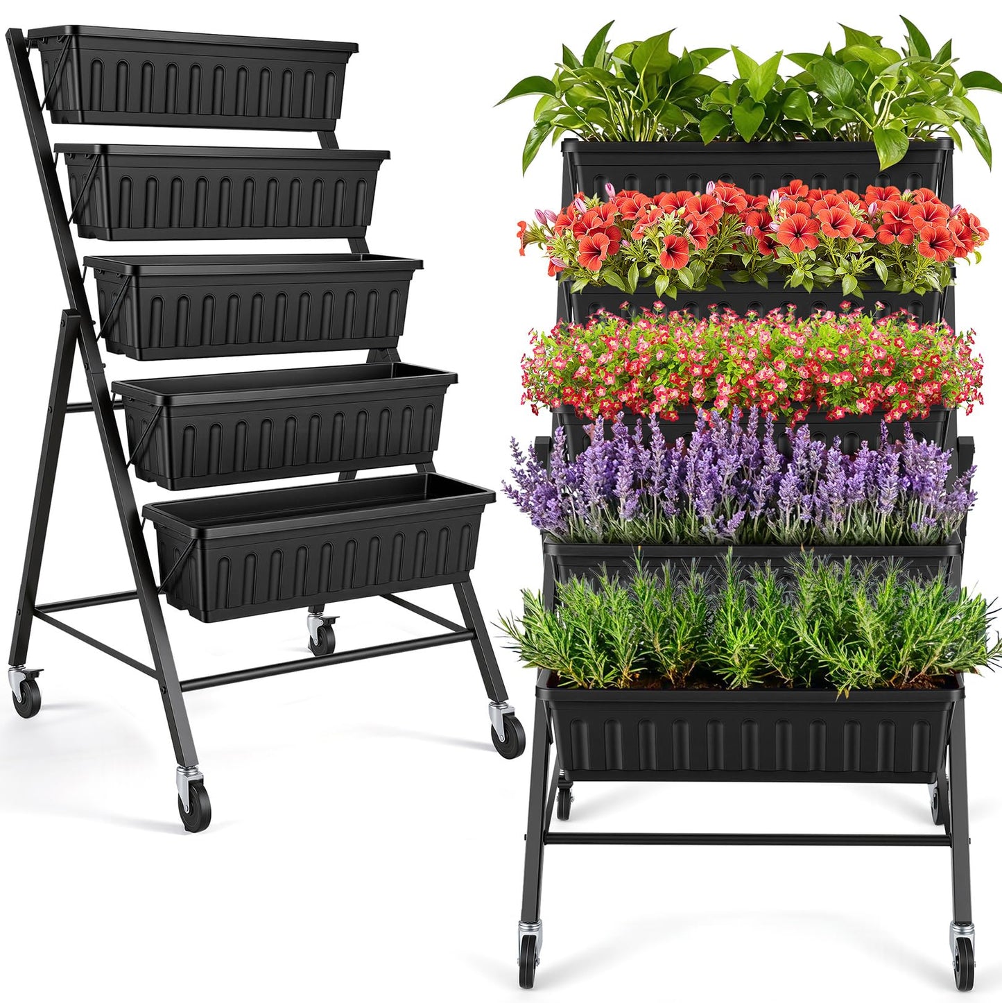 TEANDE 2 Pack Vertical Raised Garden Bed with Wheels, 5-Tier Elevated Planter Box w/Drainage System & 4 Hooks for Herbs Vegetables Flowers, Vertical Garden Planter for Patio Yard Indoor Outdoor