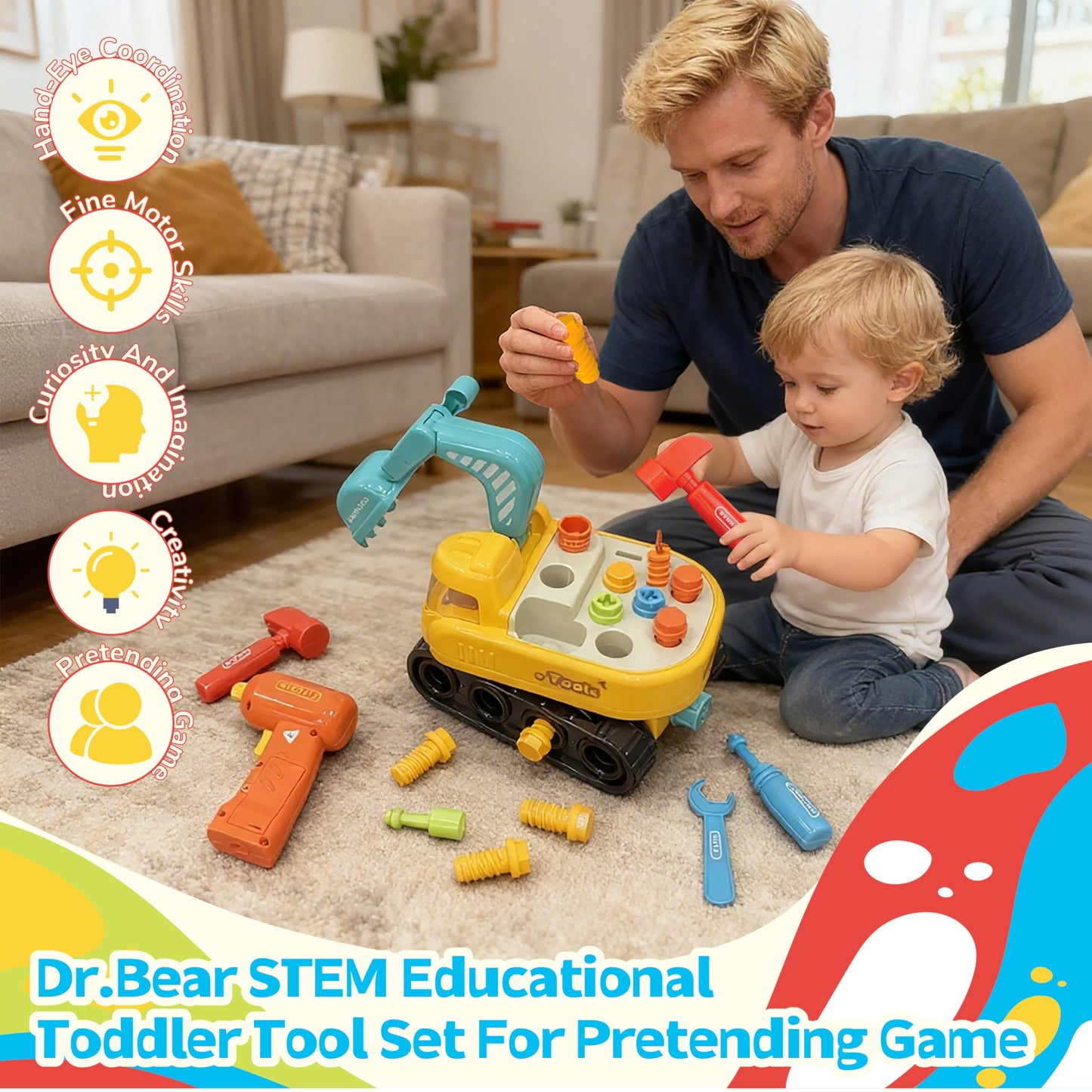 Lechonix Toddler Tool Set—Excavator Take Apart Toys with Electric Drill & Screwdriver & Wrench, Montessori STEM Learning Pretend Construction Toy for 1-6 Years Old Kids Birthday Gift, Musical & Light