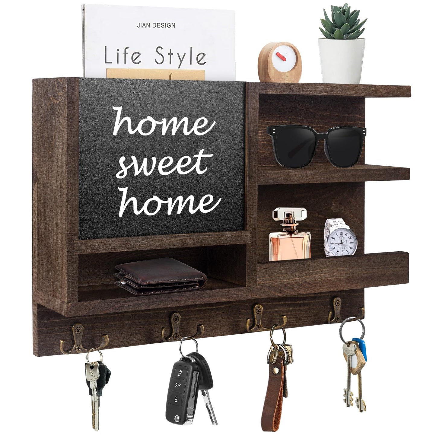 WEWEOW Key Holder for Wall, Mail Organizer Wall Mount with Key Hooks and Chalkboard & Mirror for Sunglasses Storage and Dog Leash Hanger, Decorative with 4 Double Hooks