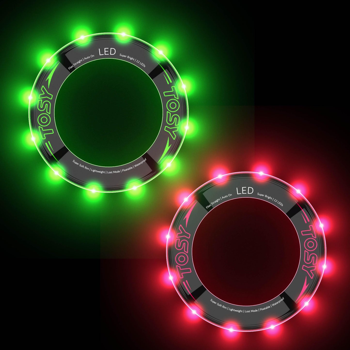 TOSY Bundle of 2 - Green + Red - Flying Ring 12 LEDs Super Bright
