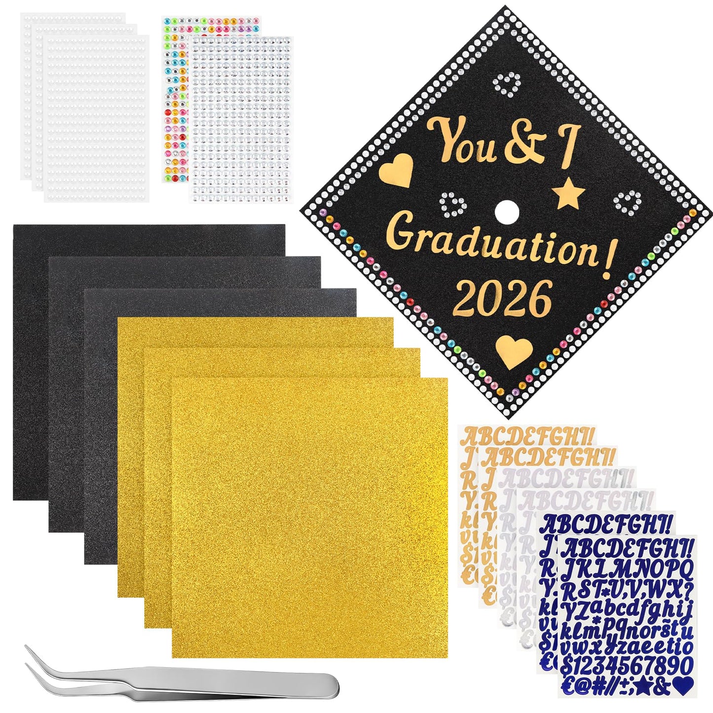 Arivlune Graduation Cap Decorations kit, Includes 6 9.8 X 9.8 Graduation Cap Topper Blank Glitter Cardstock/5 Sheets Rhinestones/6 Alphanumeric Stickers for DIY Graduations Caps Topper