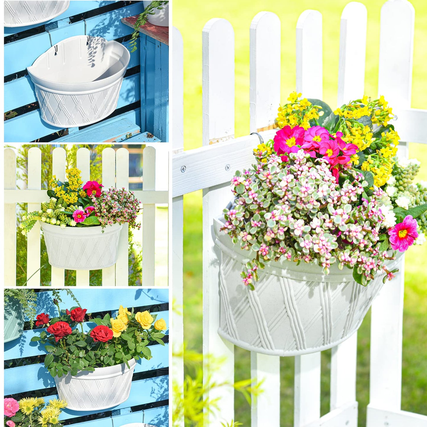 Sungmor Wall Hanging Planters,11.5 Inch Hanging Flower Pots for Railing Fence - Indoor Outdoor Balcony Wall Hanging Basket, Plastic Plant Pot Container - Half Round & 3PC Pack & Grey White