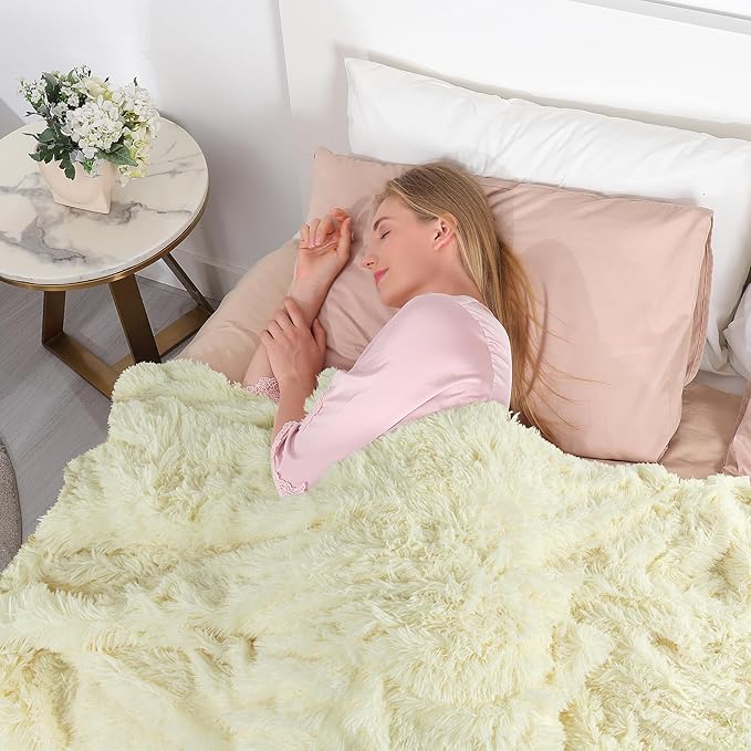 Tuddrom Decorative Extra Soft Faux Fur Blanket Twin Size 70" x 78",Solid Reversible Fuzzy Long Hair Shaggy Fluffy Cozy Plush Fleece Comfy Microfiber Blanket for Couch Sofa Bed,Light Yellow