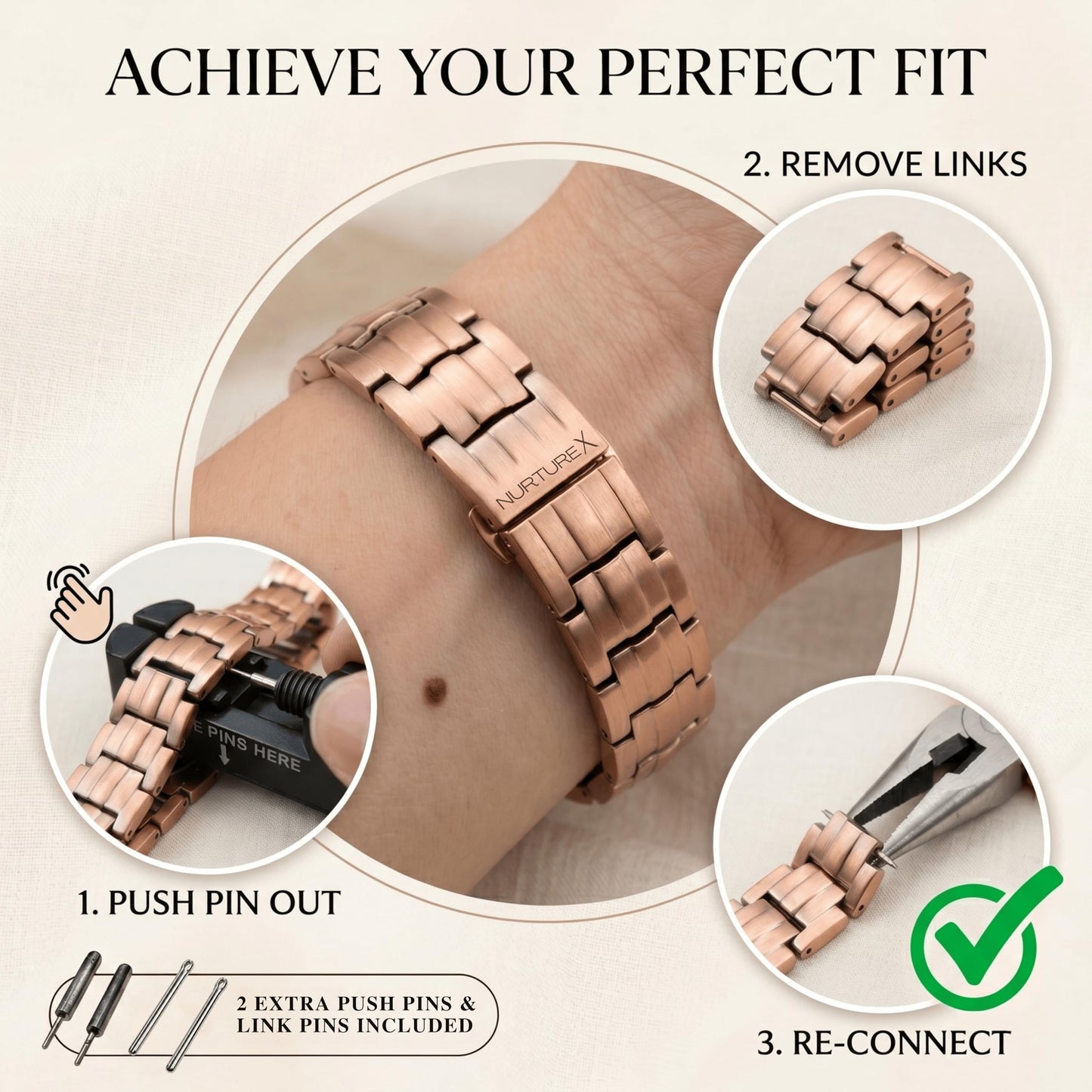 NurtureX Therapeutic Pure Copper Magnetic Bracelet for Men and Women, 5K Gauss Adjustable Magnet Therapy Bracelet with Fold Over Clasp, Includes Sizing Tool, Extra Link Pins, Cleaning Cloth, Best Gift for Men & Women - (BioFlow)