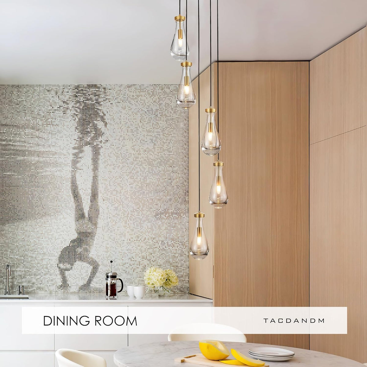 5-Light Raindrop Pendant Light Fixtures, Brass Glass Pendant Lighting, Teardrops Modern Hanging Light for Entryway Foyer Kitchen Island Dining Living Room Hallway