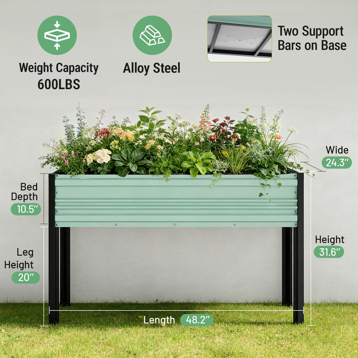 WORKPRO 48x24x32in Outdoor Galvanized Raised Garden Bed with Legs, 600LB Elevated Planter Box for Vegetable, Flowers, Herbs, Light Green