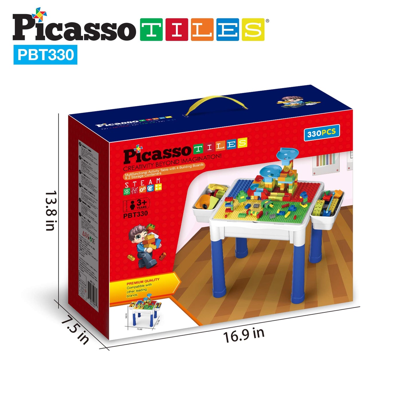 PicassoTiles Kids Activity Center Play Table & Study Desk Set Sandbox Water Tight Container Storage All-in-1 STEM Toy Kit Playset with 330pc Dual Size Building Bricks Construction Blocks Marble Run