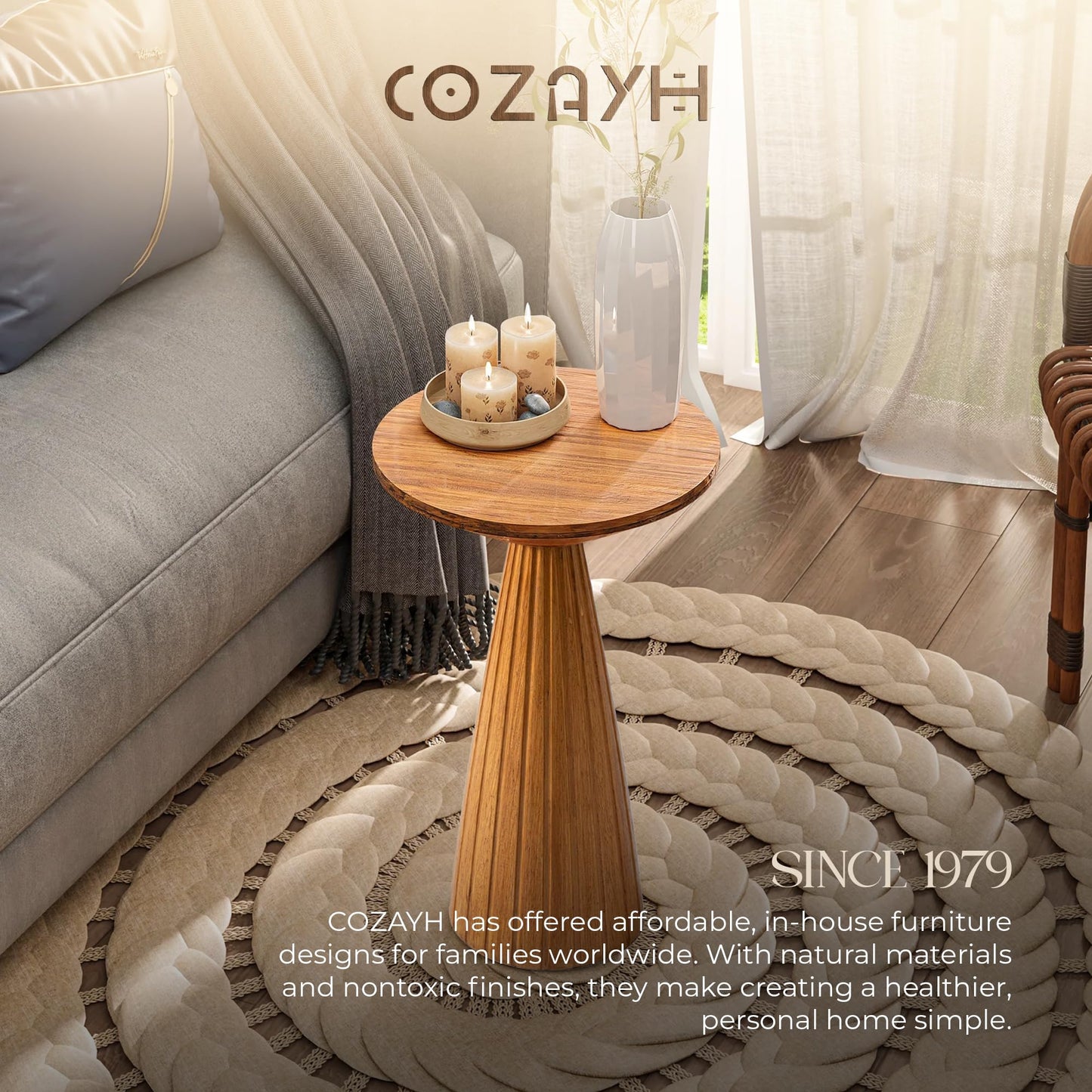COZAYH Martini Pedestal Table, Small End Table - Drink Stand with Round Wood TableTop & Modern Textured Finish for Small Spaces, Walnut