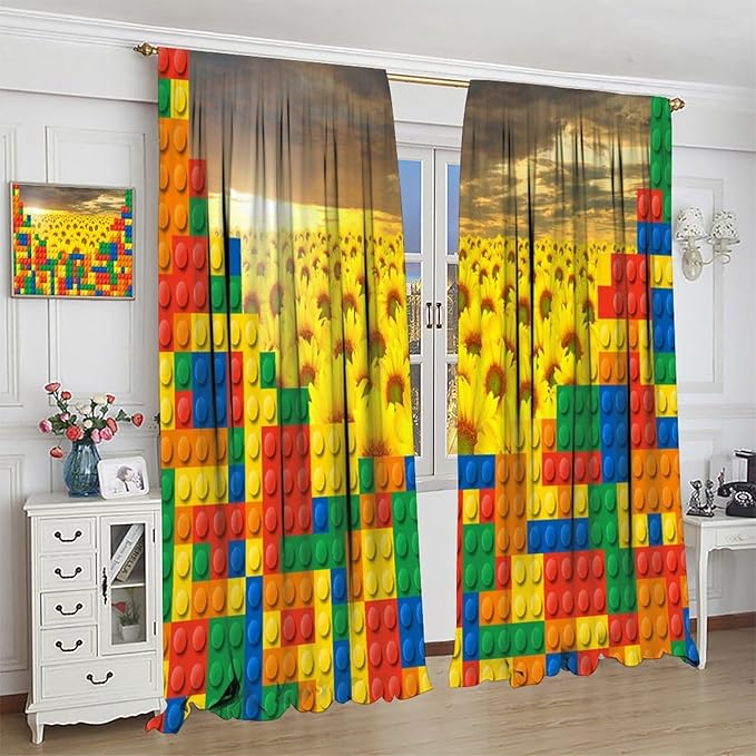 Colorful Building Blocks Sunflower Flower 3D Toy Printed Curtains, Building Blocks, Floral Sunflower Curtains, Interesting Brick 3D Design, Boys and Girls Room Curtain Panels, 2 Panels 63x63in