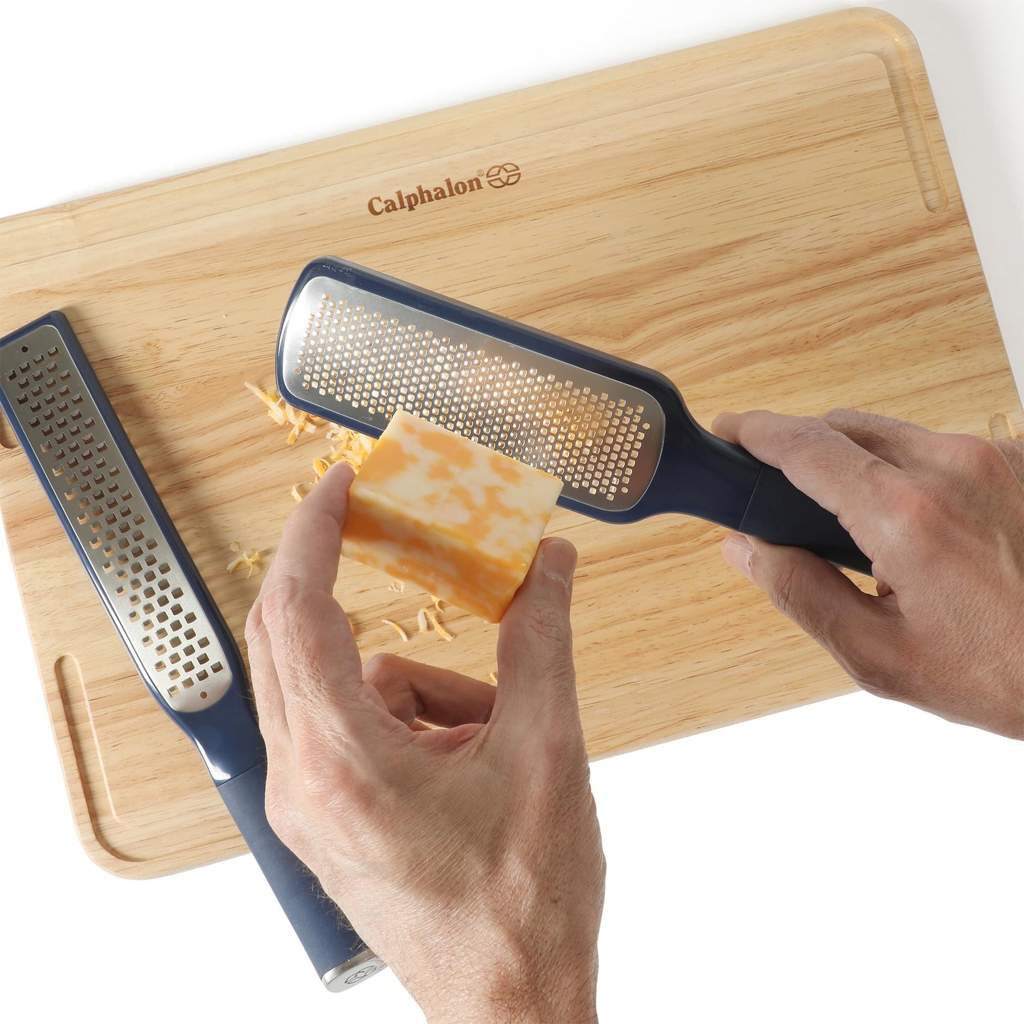 Calphalon Edge 2 Piece Stainless Steel Handheld Cheese Grater and Lemon Zester W/Covers & Rubber Handles - Navy Blue