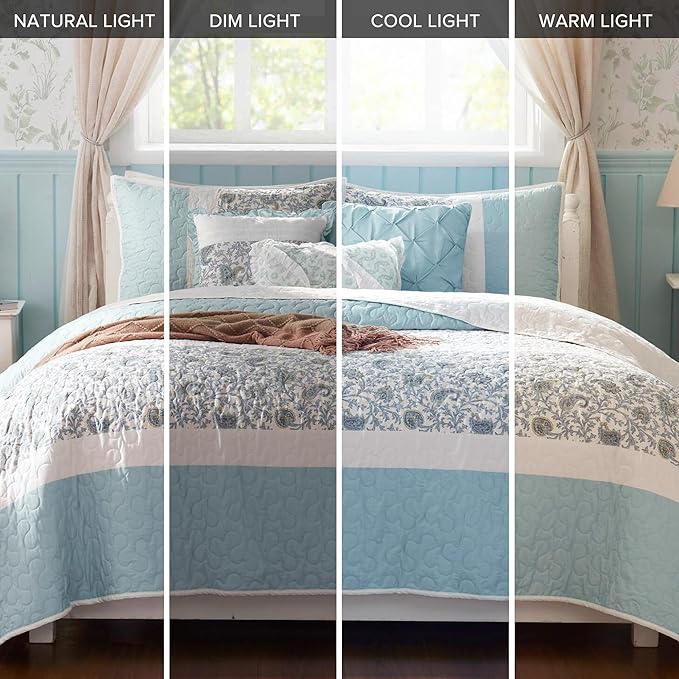Madison Park 100% Cotton Quilt Set Floral Print, Double Sided Stitching, All Season, Lightweight Coverlet Shabby Chic Bedding Layer, Matching Shams, Full/Queen, Light Teal 6 Piece,Aqua