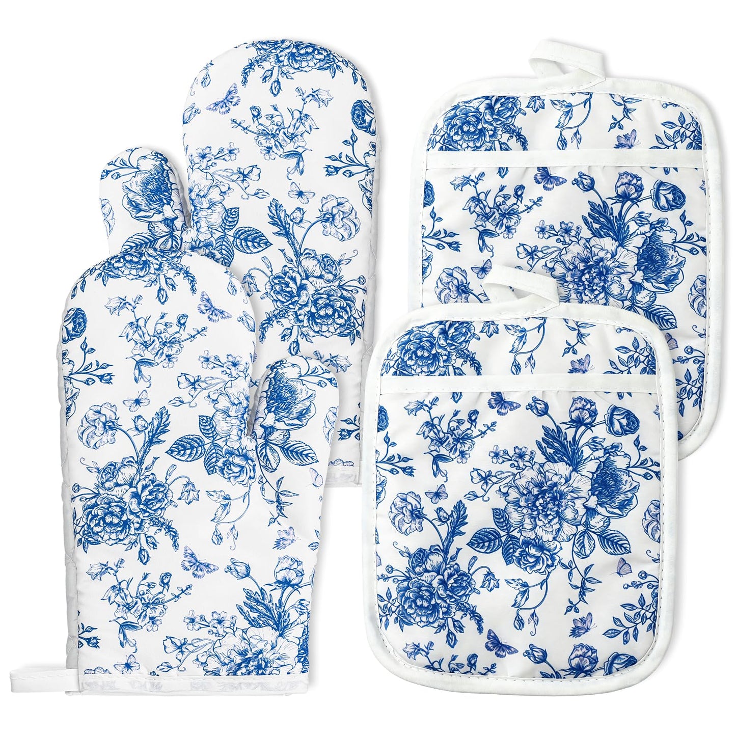 AnyDesign 4Pcs Blue Porcelain Floral Oven Mitts and Pot Holders Set Heat Resistant Non-Slip Potholders Chinoiserie Flower Kitchen Oven Gloves with Hot Pads for Cooking Baking