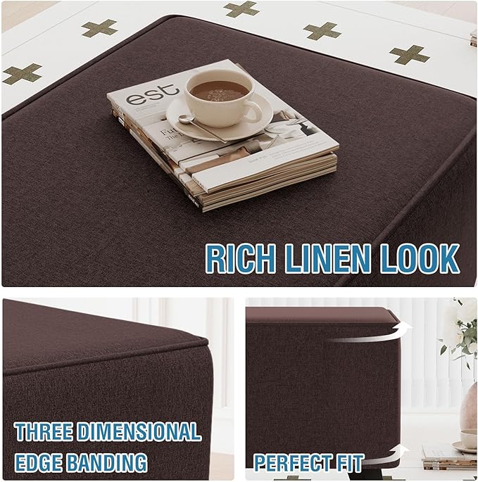 H.VERSAILTEX Thick Durable Linen Look Ottoman Cover Square Fit Length 18"-19" Footrest Folding Storage Stool Furniture Protector Soft Slipcover for Living Room with Elastic Bottom - Heather Chocolate