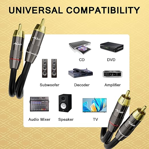 RCA Cable 3 FT, 2RCA to 2RCA Stereo Audio Cable, 【Zinc Alloy Shells, Oxygen-Free Copper, Gold-Plated Plugs】2 RCA Audio Adapter Cord, for Home Theater, HDTV, Amplifier, Hi-Fi System, Car, Speaker