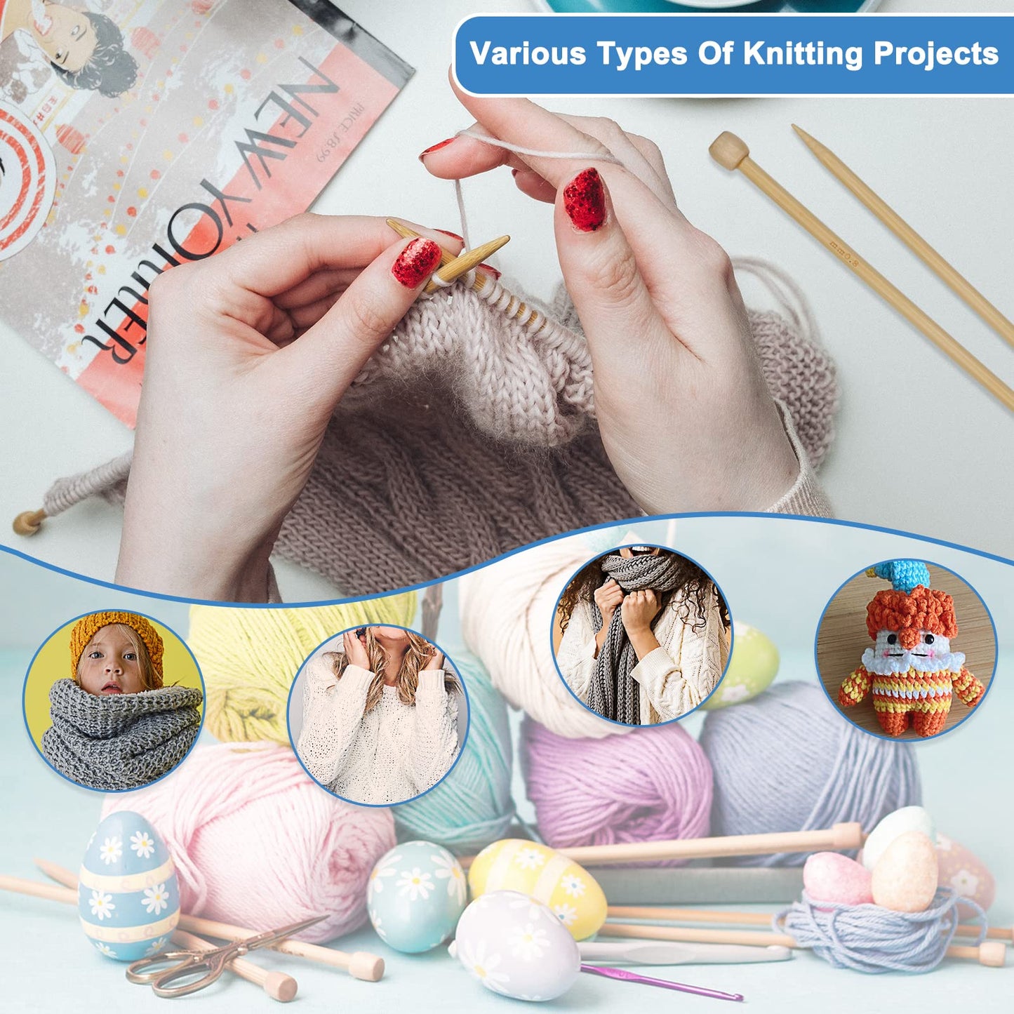 Coopay Knitting Kit for Beginners 71pcs | 2mm-10mm Single Pointed Knitting Needles Set | Bamboo Knitting Set with Yarn | Straight Knitting Needles, Storage Case, Knitting Accessories, Knitters Gifts