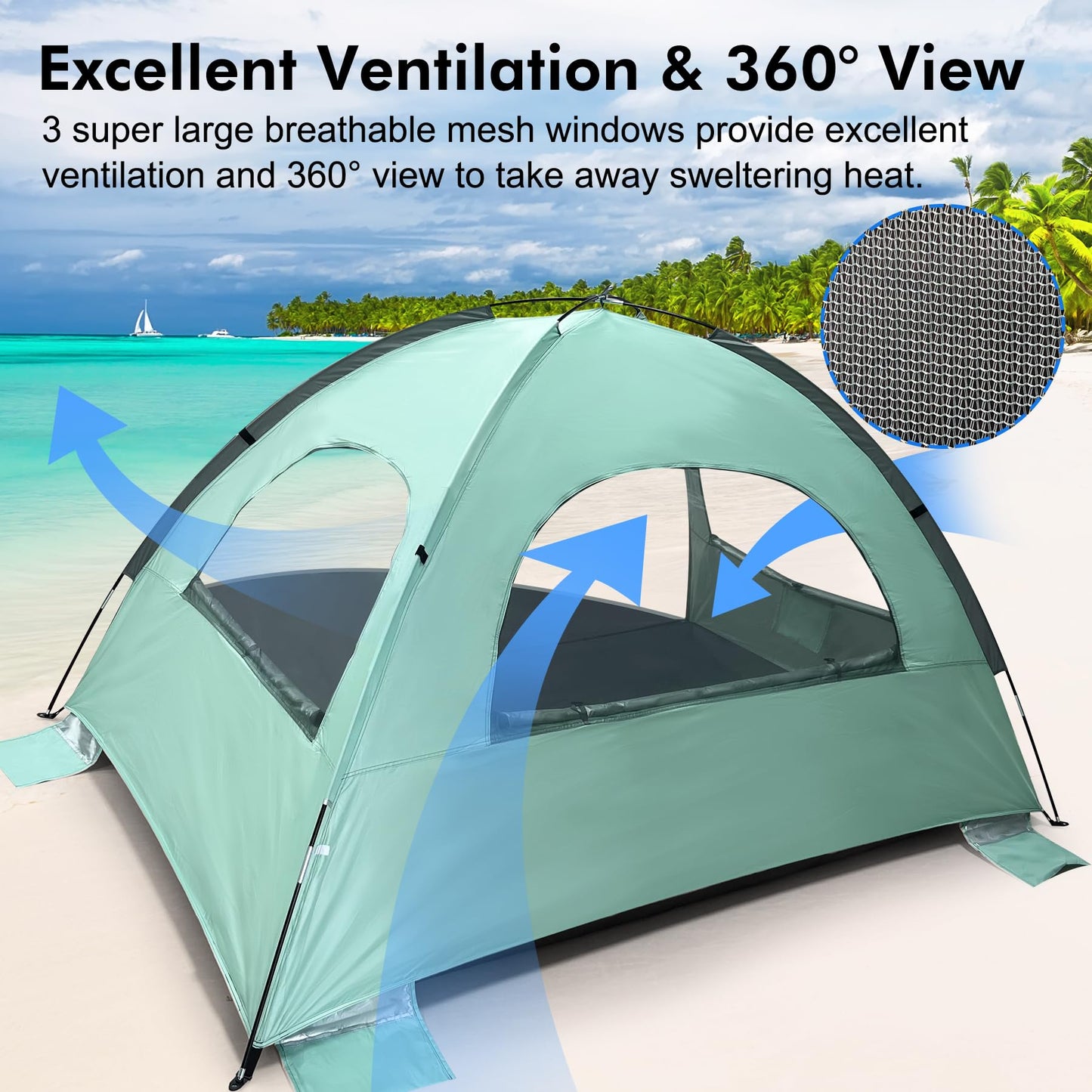 WhiteFang Beach Tent Anti-UV Portable Sun Shade Shelter for 3 Person, Extendable Floor with 3 Ventilating Mesh Windows Plus Carrying Bag, Stakes and Guy Lines (Mint Green)