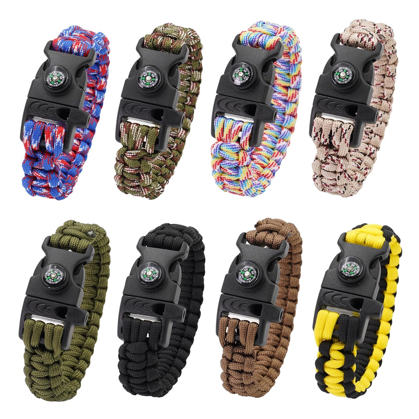 RLXMARTD 8 Pack Emergency Survival Bracelet with Whistle and Compass,Survival Kit,Wildness Emergency Survival Kit for Camping,Outdoor Travel, Hiking