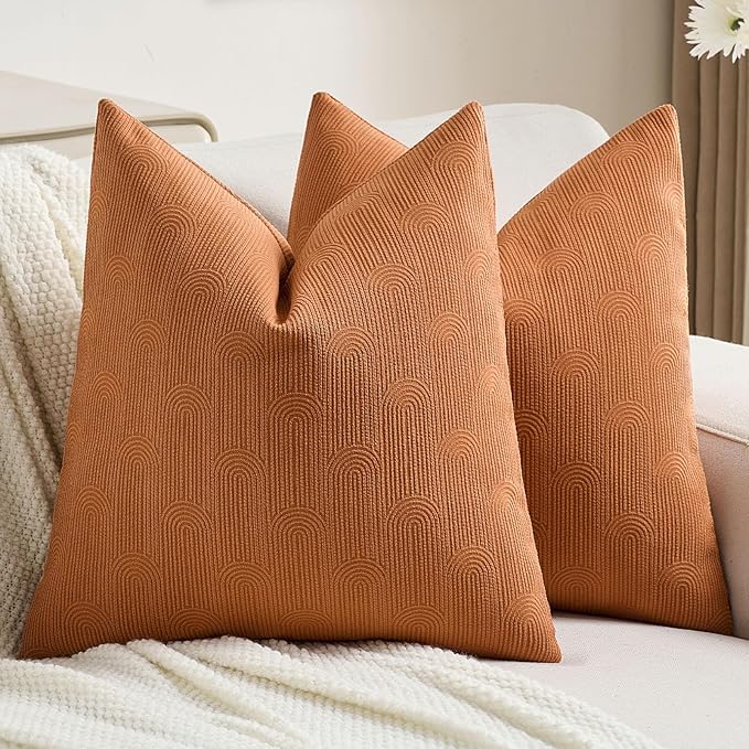 FUTEI Burnt Orange Chenille Decorative Throw Pillow Covers 24x24 Inch Set of 2,Soft Cozy Striped Geometric Patterns European Cushion Case,Modern Home Decor for Couch Bed Living Room