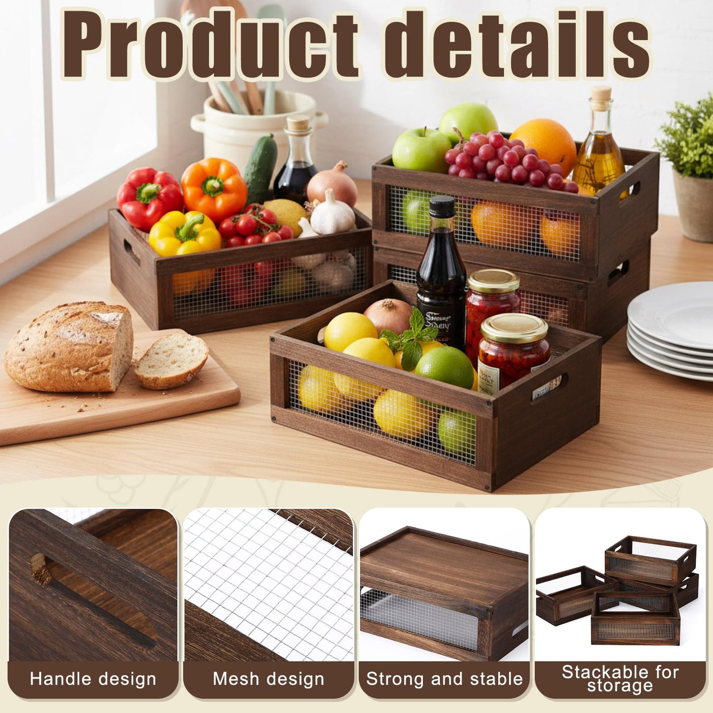 4 Pcs Wooden Countertop Baskets for Kitchen Bathroom, Easy Self-assembly Rustic Nesting Boxes with Handle and Wire Mesh, Multipurpose Wooden Crates for Fruit, Include Screws (Medium,Burnt Wood Finish)