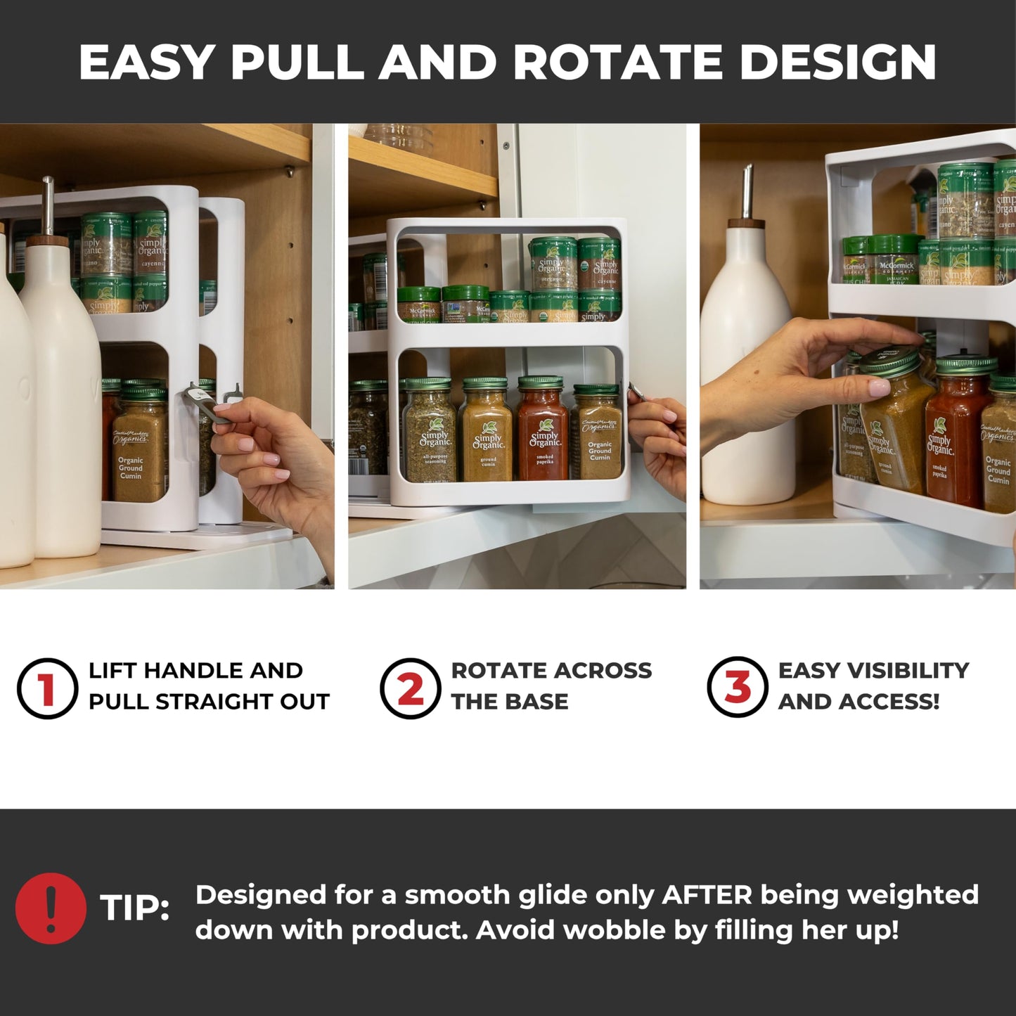 Cabinet Caddy Spice Rack Organizer for Cabinet - Slide & Rotate Kitchen Organizers and Storage - 2 Double-Decker Shelves - Non-Skid Base - Magnetic Modular Design - 10.8" H x 5.25" W x 10.8" D