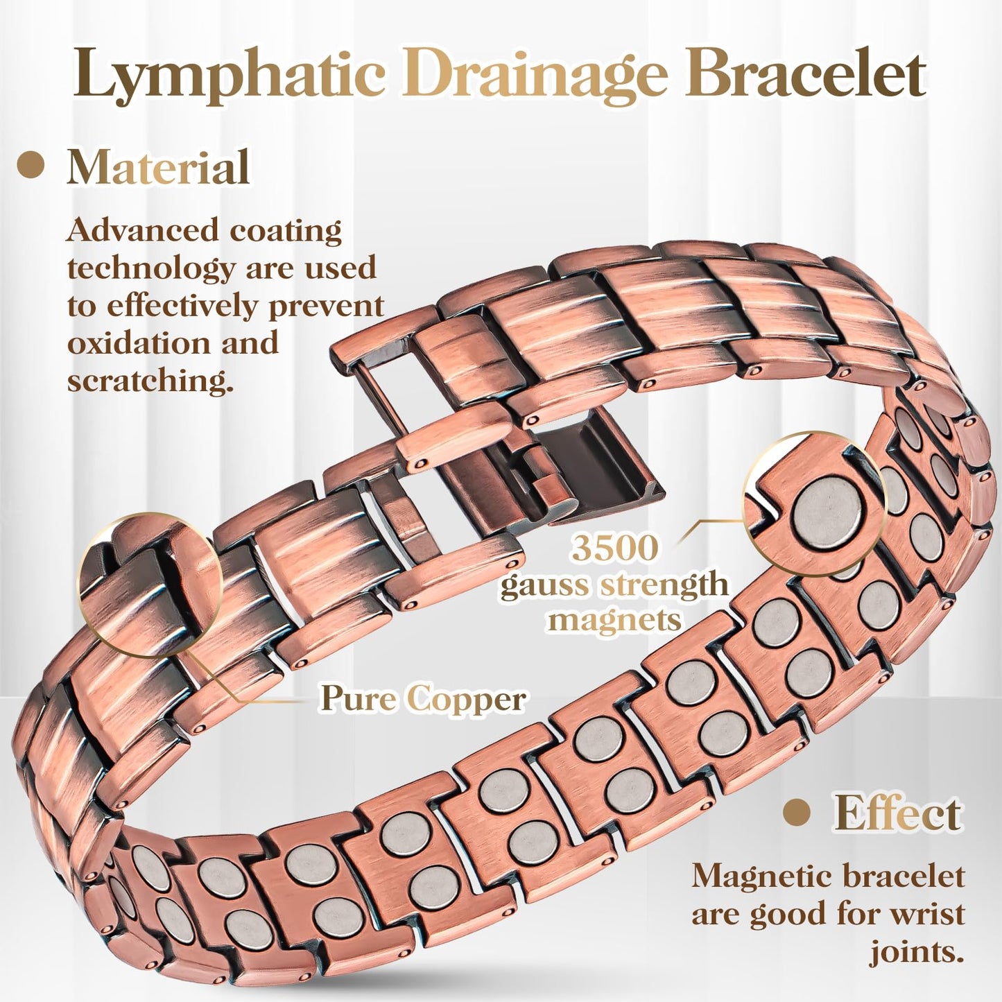 Copper Bracelets for Men & Lymphatic Drainage Ring, Magnetic Copper Bracelet with Double Row Magnets, Mens Bracelet Adjustable Length with Remove Tool