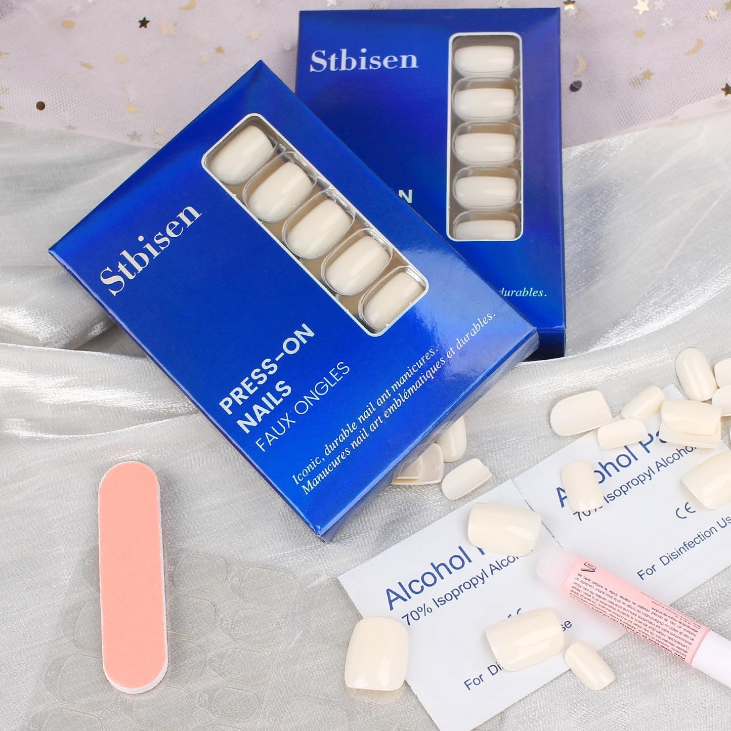 Stbisen Ivory Press On Nails Short Square, Glossy Acrylic Off White Fake Nails, Thick Reusable Glue On Nails, Perfect for Daily Wear, Offering a Refined Touch, 15 Sizes - 30Pcs