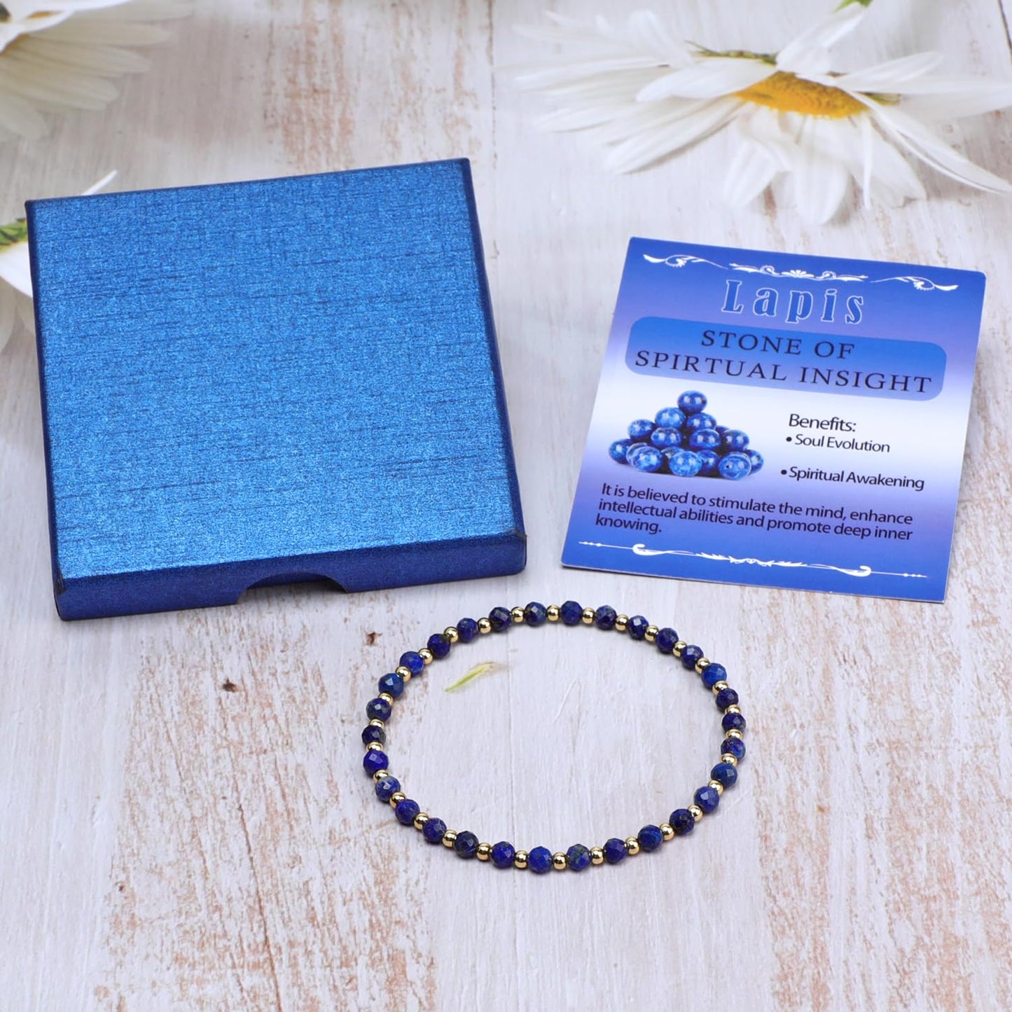 QOGIR Lapis - Stone of Spiritual Insight - 14K Gold Plated Beads Natural Gemstone Stretch Elastic Dainty Healing Beaded Bracelets Gifts 4mm