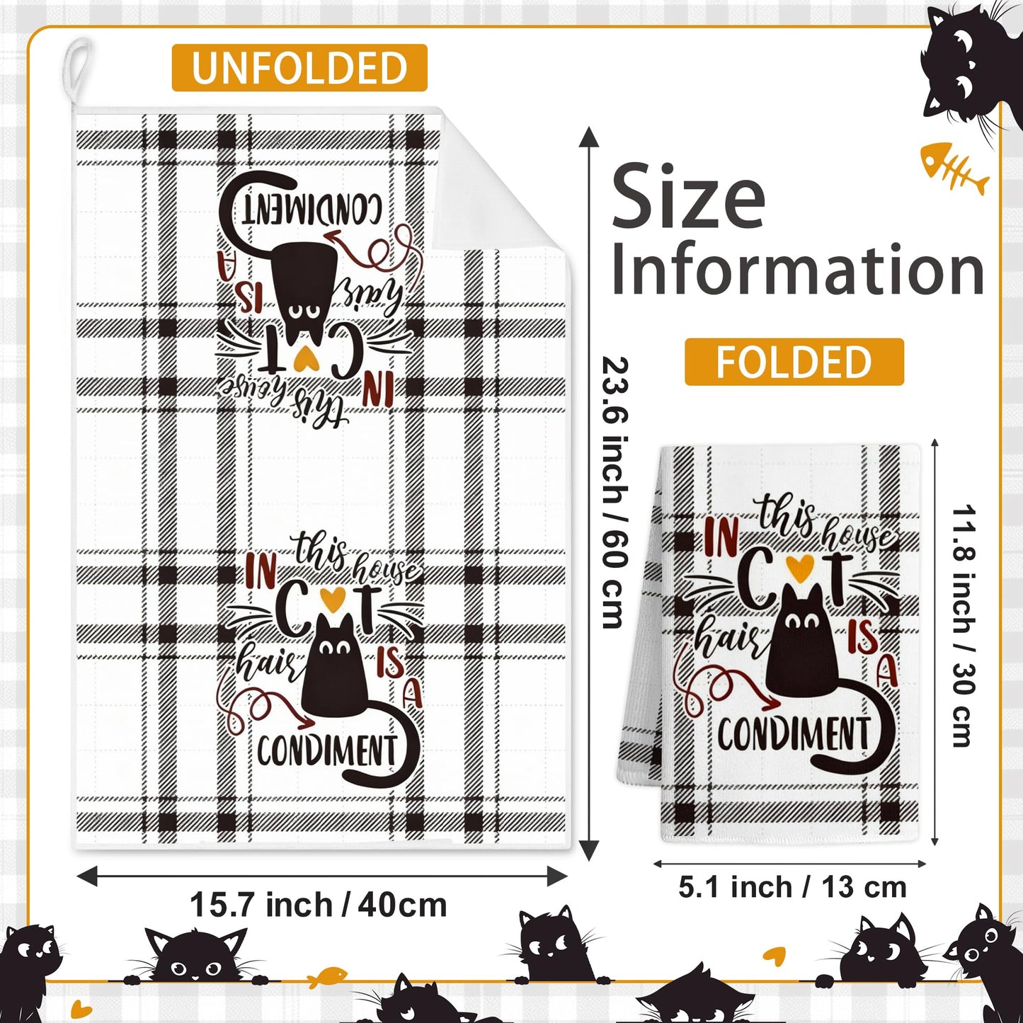 Vetoxka 4 PCS Black Cat Decor Kitchen Towels - Set Quick Drying Cute Hand Tea Dish Towel for Accessories Checkered Funny Saying Kitty Plaid for Cat Lover Home Decorations Bathroom Housewarming Gifts