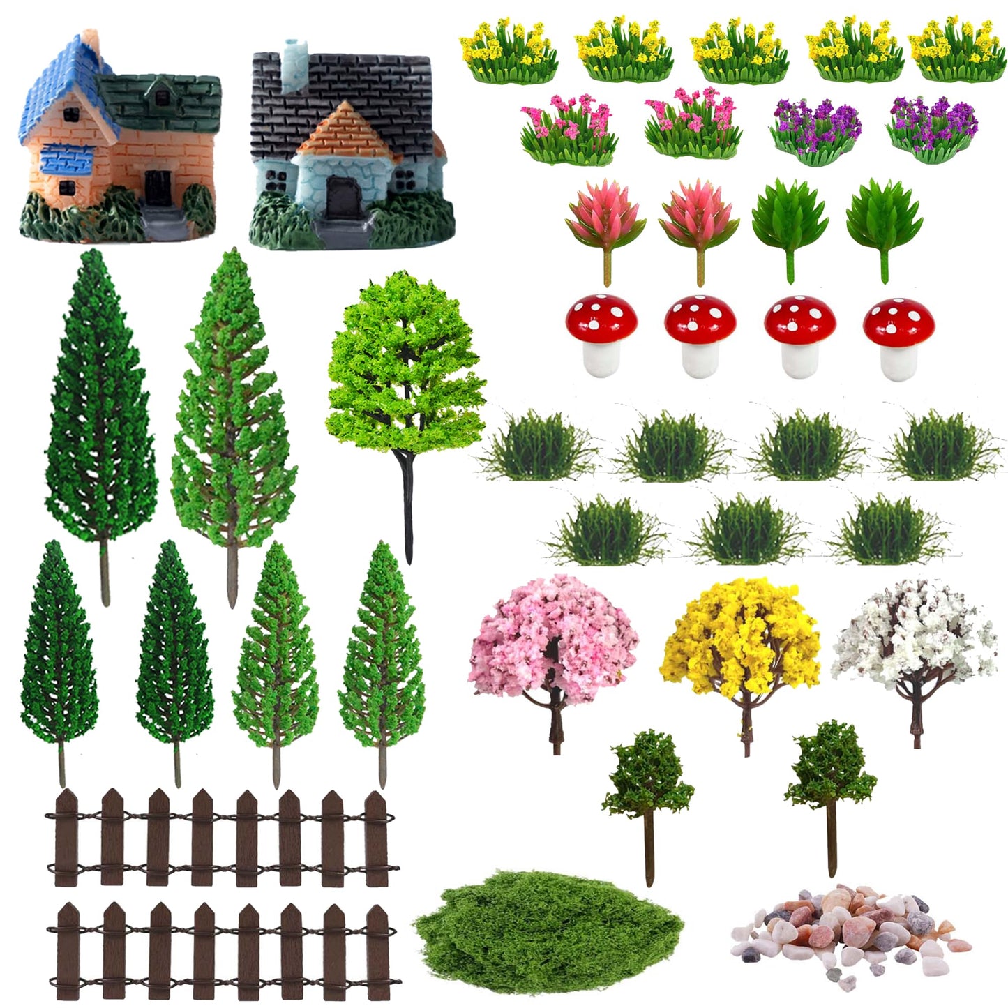 MOMOONNON 36pcs Garden Diorama Mini Garden Accessories Set Mixed Model Trees Flowers for Crafts Building Model Railway Fairy Scenery Landscape Supplies