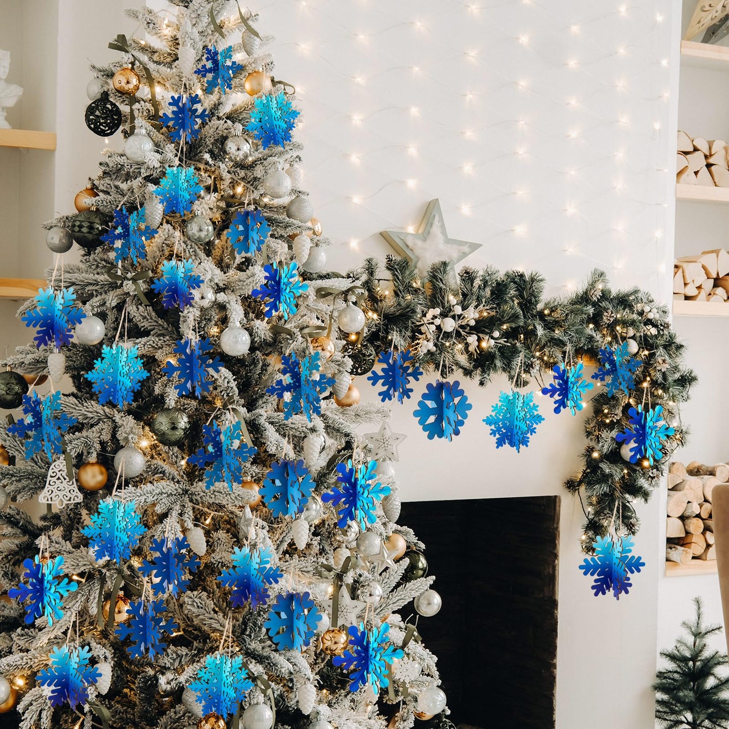 Chunful 48 Pcs Wooden Snowflake Ornaments DIY 3D Winter Snowflake for Crafts Bulk 24 Sets Unfinished Hanging Snowflakes Ornaments with Cord for Winter Party Decoration