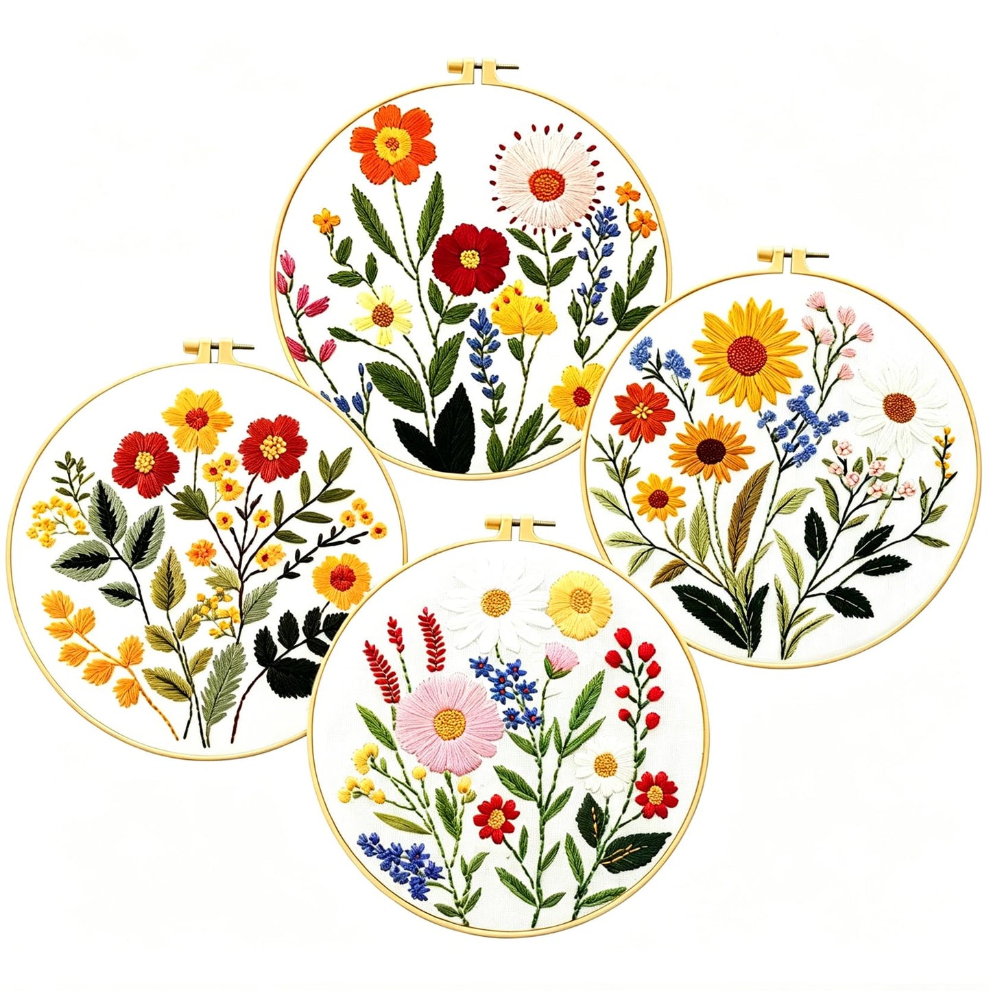 Zhenqing 4-Piece Floral Embroidery Kit for Beginners - Complete Set with Sunflower, Daisy Designs & Pre-Printed 29x29cm Cotton Fabric, Hoop, Threads & Tools(C0166)