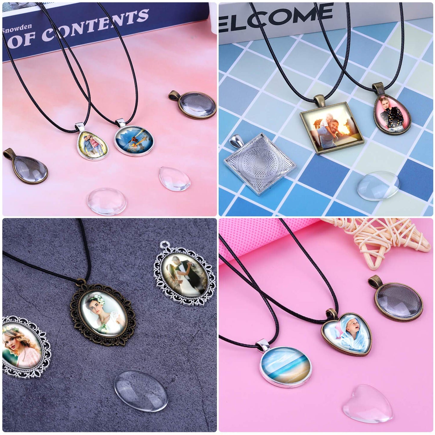 Aenezus Pendant Trays Set with Glass Cabochons for Jewelry Making - 90pcs, Includes 30pcs Bezel Pendants, 30 Glass Cabochons, 30 Necklace Cords