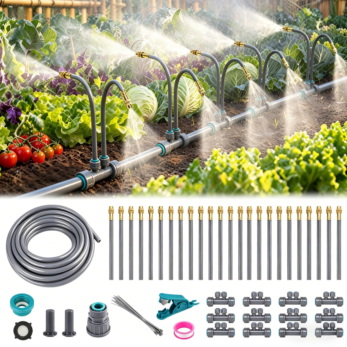 39 FT Drip Irrigation System - Double-Head 360° Adjustable Garden Watering System with 24 Spray Nozzles, Garden Atomizing Misting System & Irrigation System for Garden, Greenhouse, Yard, Lawn, Plants