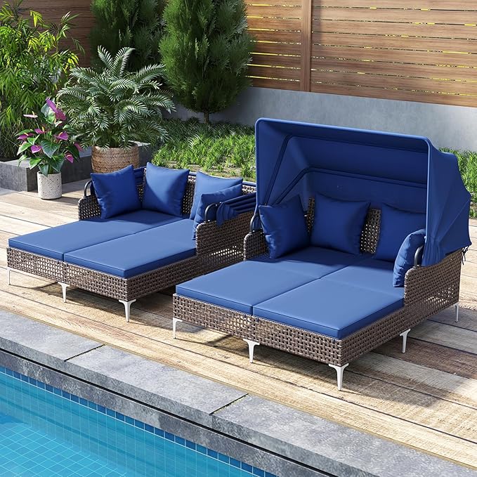 Tangkula Outdoor Rattan Daybed with Retractable Canopy, Boho Patio Wicker Sunbed with Metal Support, Pillows & Cushions, Outdoor Double Chaise Lounge with Shade for Backyard, Poolside, Deck & Balcony