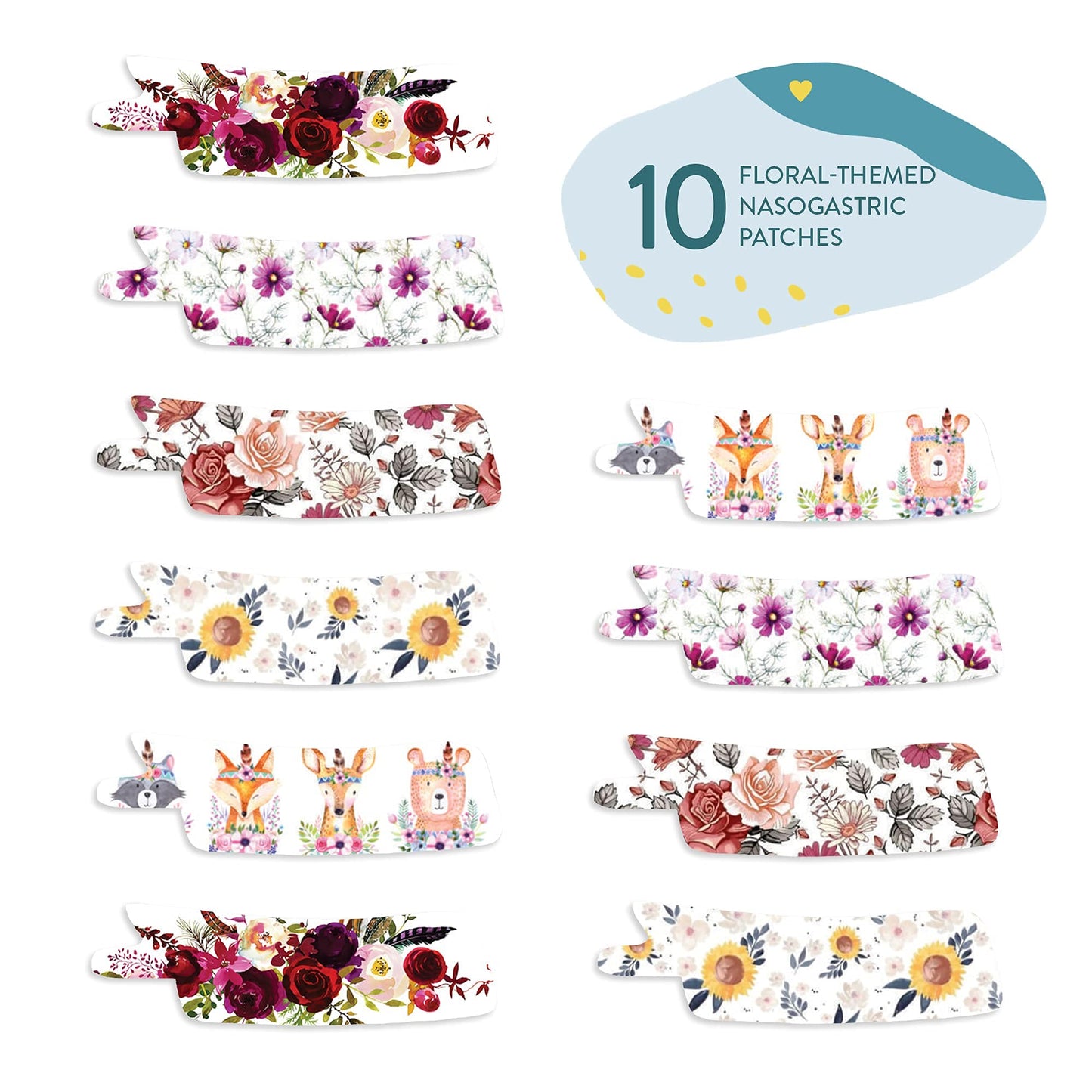 Nasogastric or Oxygen Tube precut Adhesive Tape Floral Mix x 10 Pack. (Right Side)