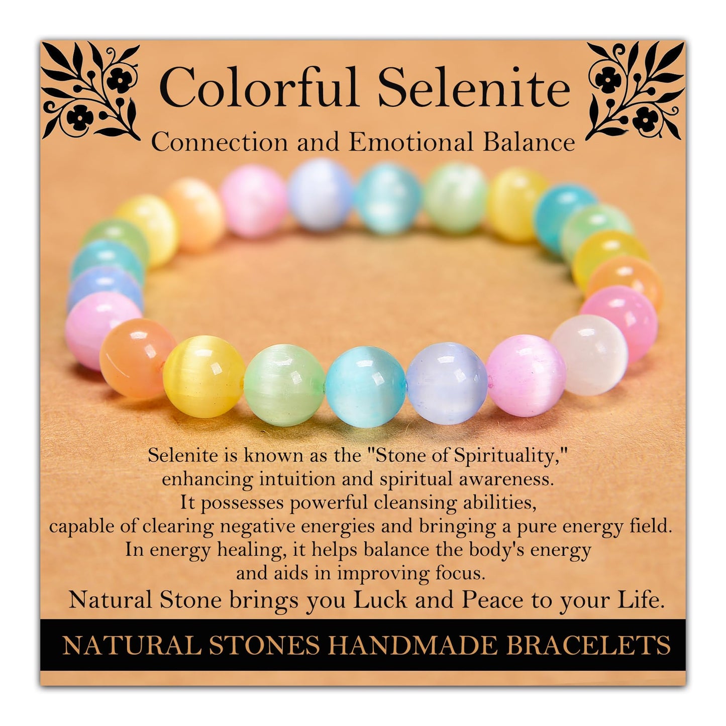 Handmade Natural Gemstone Elastic Bracelet - Healing Crystal Beads Jewelry, Unisex (Colourful Selenite, 8mm)