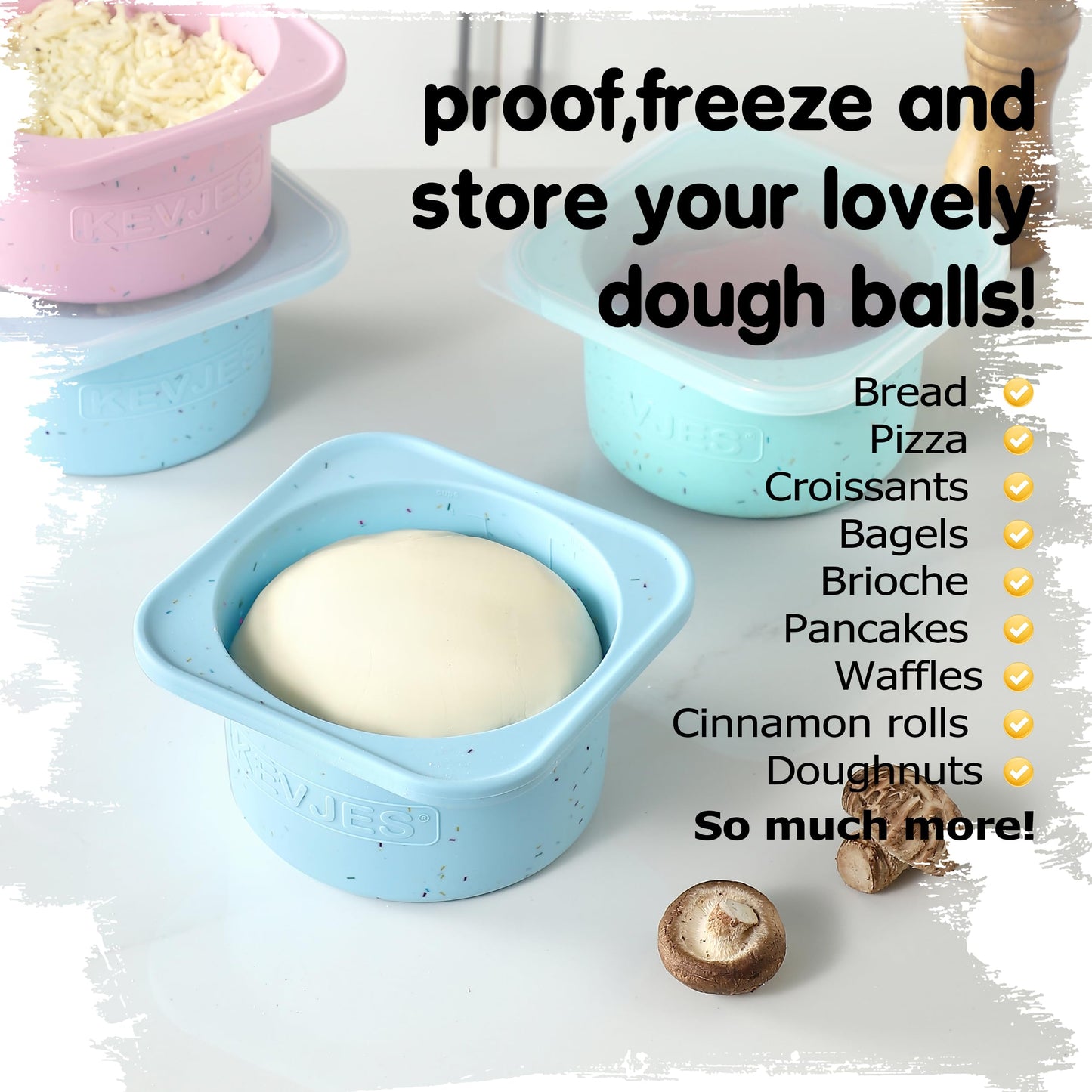 KEVJES PLUS 1000ml Pizza Dough Proofing Containers for DIY family Artisan Pizza, Food Grade Silicone Stackable Boxes with Lids, Freezer, Fridge, Dishwasher Safe-Sprinkles Pattern-3 Pack (Aqua)
