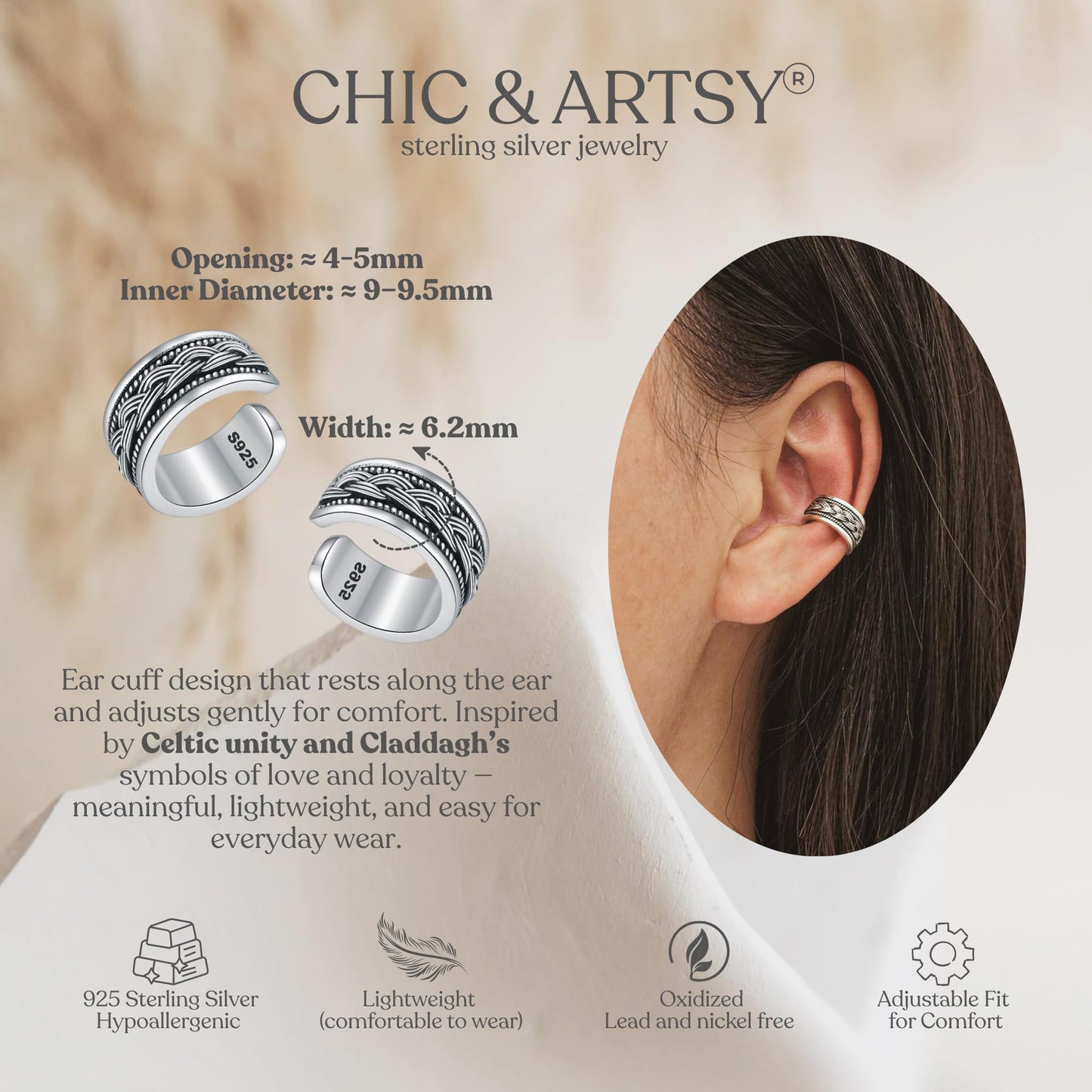 Celtic Ear Cuffs 925 Sterling Silver Oxidised Knot Ear Cuffs Non Piercing Thick Fake Conch Cuff Wrap Earrings Set Adjustable Celtic Cuff Earrings