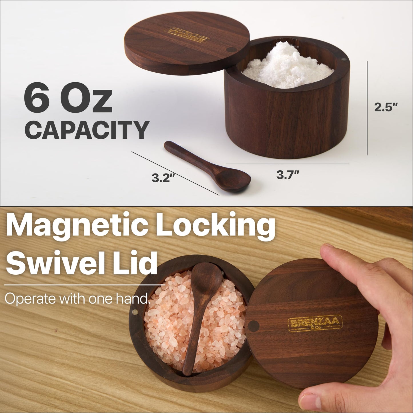 BRENZAA Walnut Wood Salt Cellar With Built in Spoon & Magnetic Swivel Lid, Spice Organizer for Salt, Herbs & Seasonings Storage Box – Kitchen Counter Storage & Gift