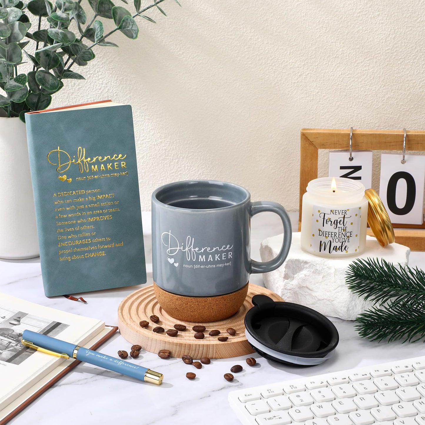 Vesici 4 Pcs Difference Maker Gift for Women Men Difference Maker Mug Notebook Candle Motivational Pen Employee Appreciation Gift for Teacher Volunteer Nurse Coworker Secretary(Dark Blue,Word)